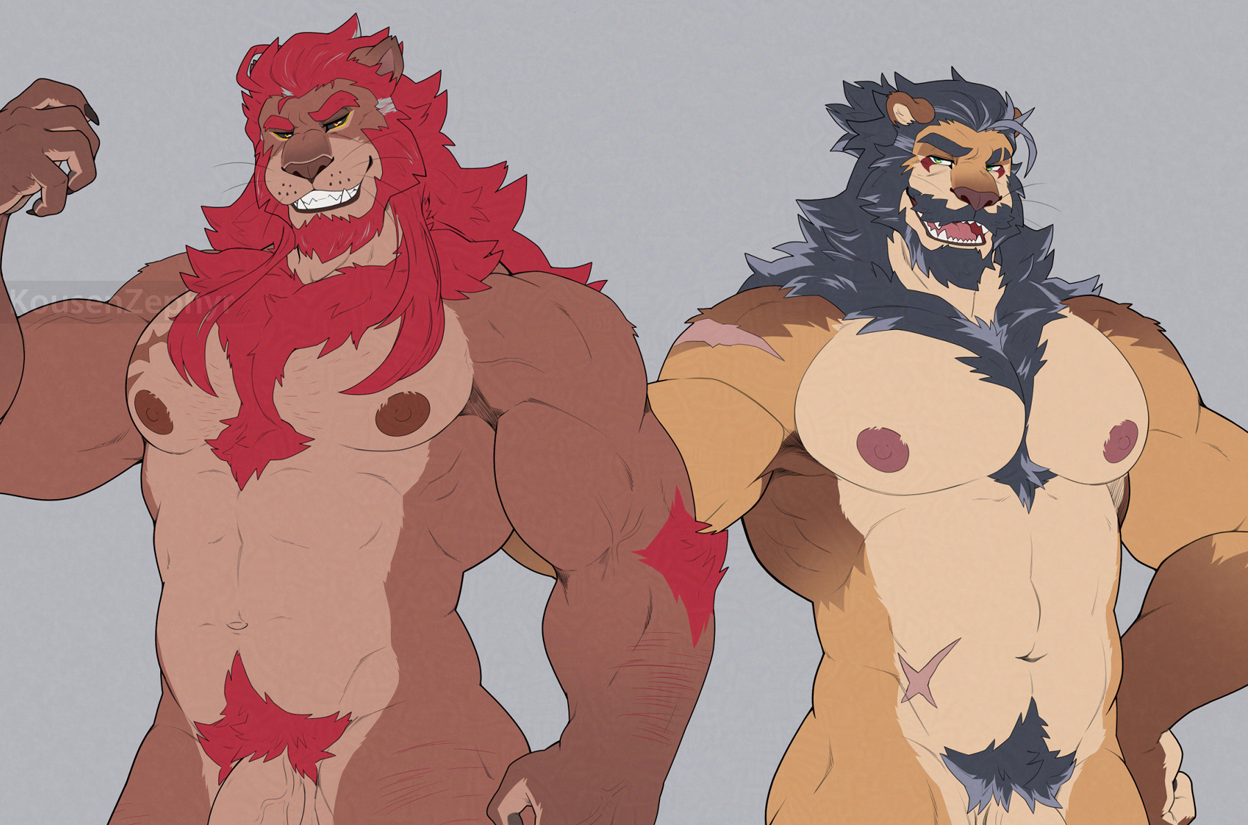 Two naked, mature lion men. Enzo to the left and another man with very familiar looks to the right.