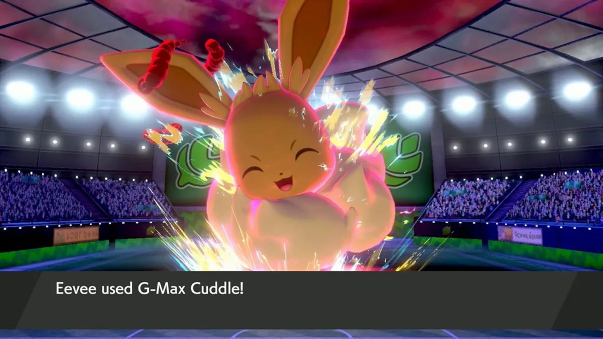 Gigantimax Eevee from the game Pokemon Sword/Shield, a huge adorable brown fox with an enormous ring of fluff around its neck.  Also it's using the power 'G-Max Cuddle'.  This is an actual game screenshot.