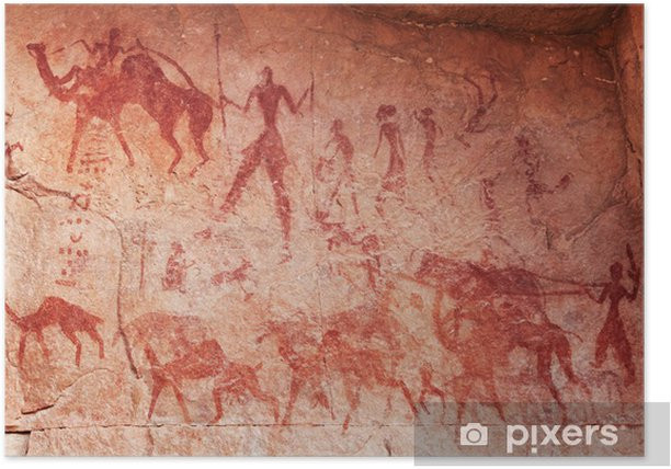 Rock painting from Tassili n'Ajjer, Algeria.  Rough red figures on brown stone.  Looks like a caravan.