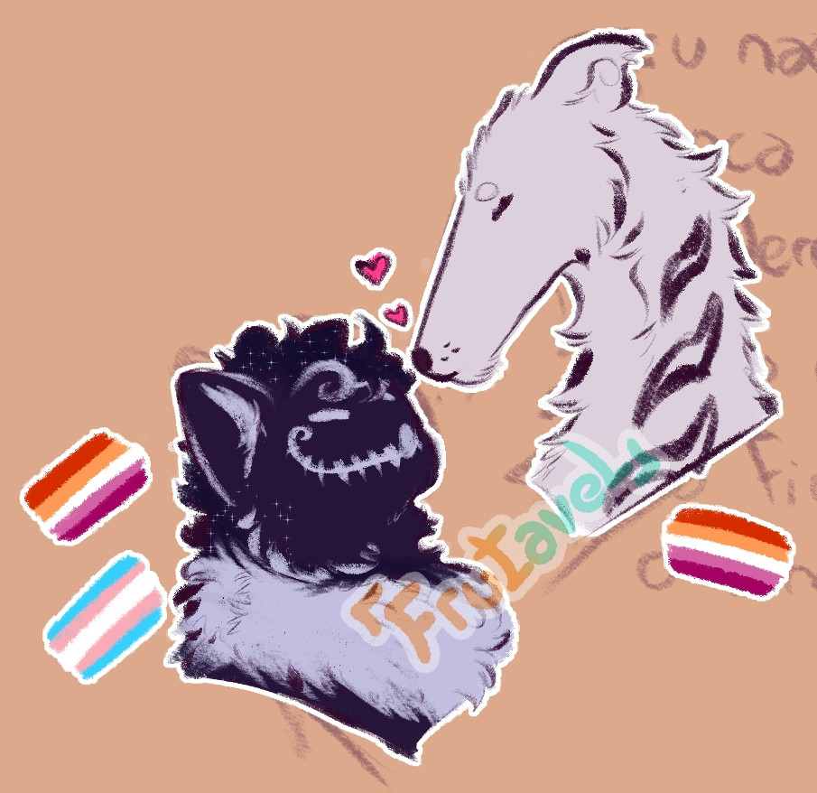 Bust sketches of an anthropomorphic cat and dog together. The cat looks like a black persian with a fluffy white neck and a skeleton-like grin on her face, and the dog looks like a white borzoi with black tattoos on her neck. They both have their eyes closed and are smiling, with two small hearts in between them. The cat has the lesbian and trans flags drawn next to her, and the dog has only the lesbian flag next to her.