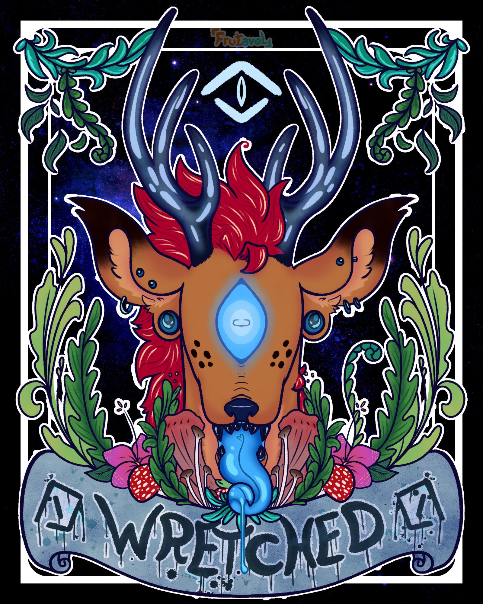 A headshot drawing of an anthropomorphic deer with only one eye, in the middle of his face. He is surrounded by various plants and fungi. A stained banner at the bottom of the image reads the word "WRETCHED".