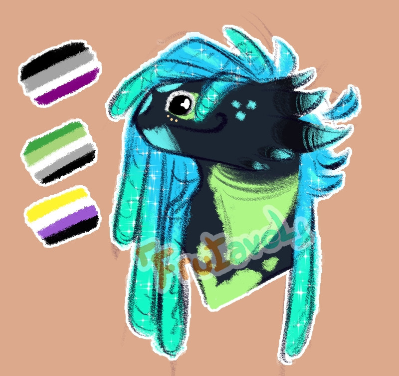 A sketched bust of an anthropomorphic lizard. They are dark grey with a bright green throat and bright blue accents. They have thick, bright and shiny blue locs. The asexual, aromantic and nonbinary pride flags are drawn next to them.