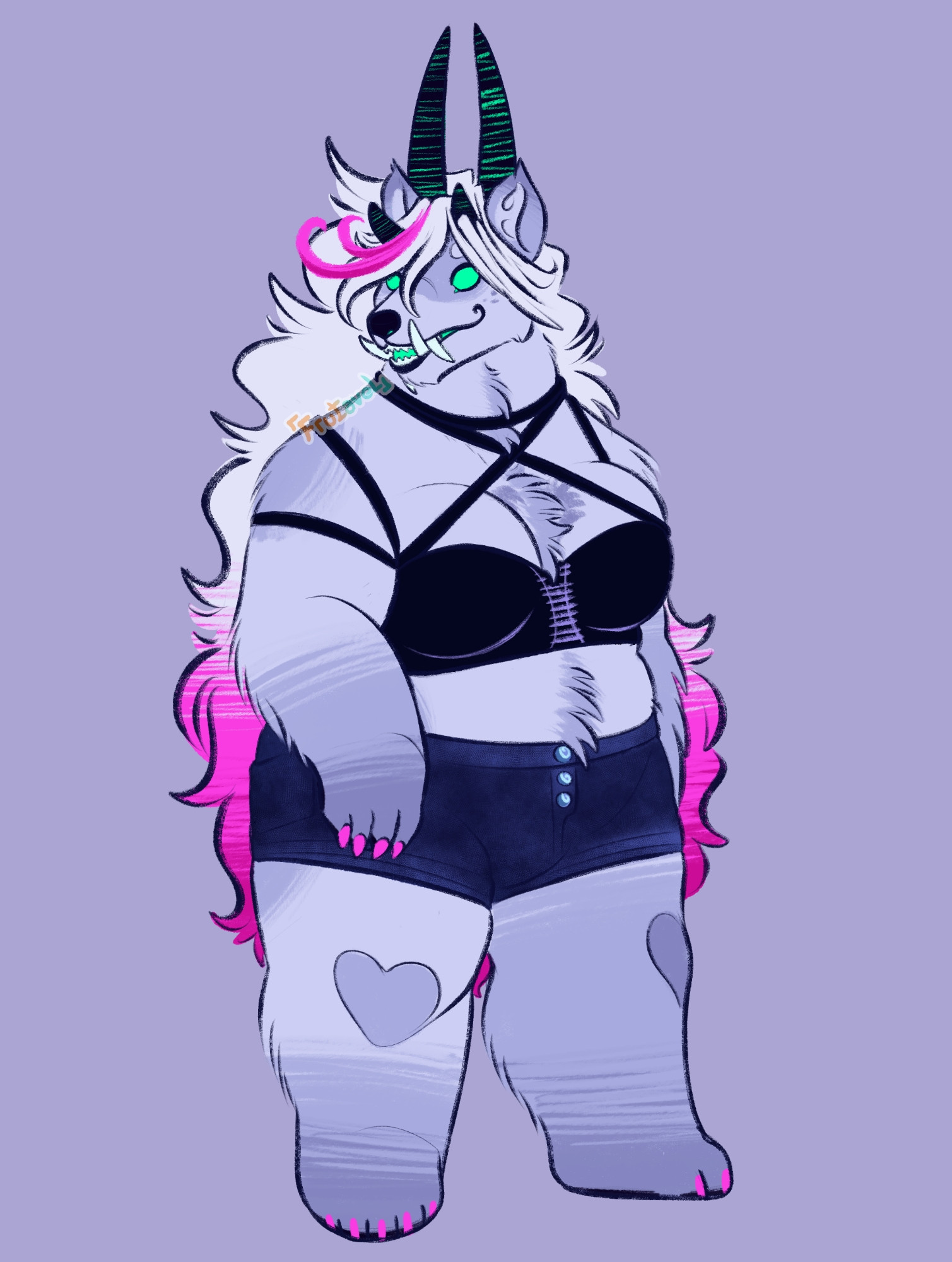 An anthropomorphic bear standing in front of a blank background looking to the left. She has light colored fur long and hair with bright pink accents, two pairs of dark colored horns, oni teeth and bright green eyes. She is wearing a crop top and denim shorts.