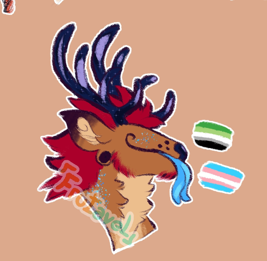 A sketched bust of an anthropomorphic deer with no eyes, a red mullet and a blue forked tongue poking out of his smiling mouth. He has the aromantic and trans pride flags drawn next to him.