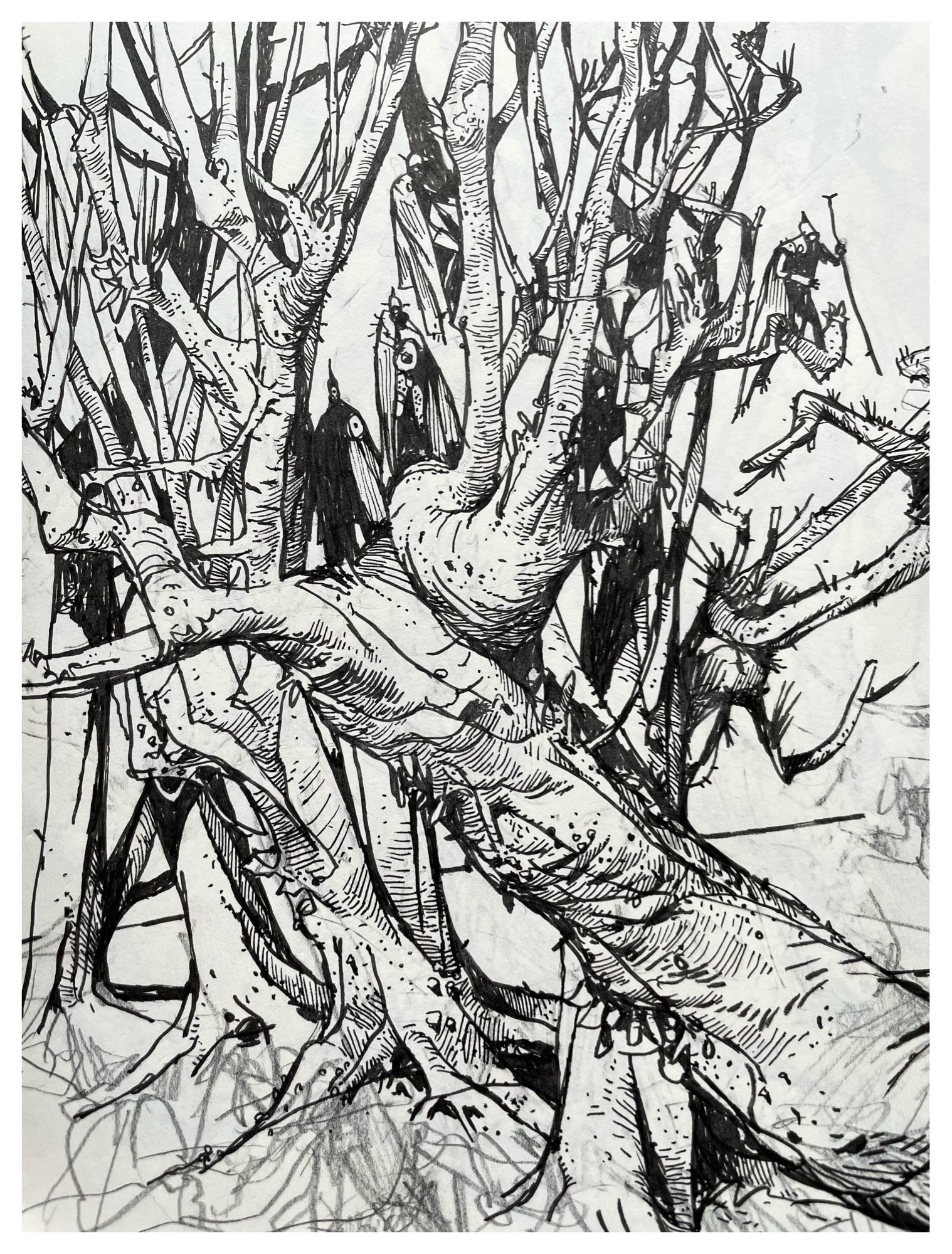 Ink drawing of a gnarly tree. There are some geezers up in there, I don’t know who they are or what they’re doing