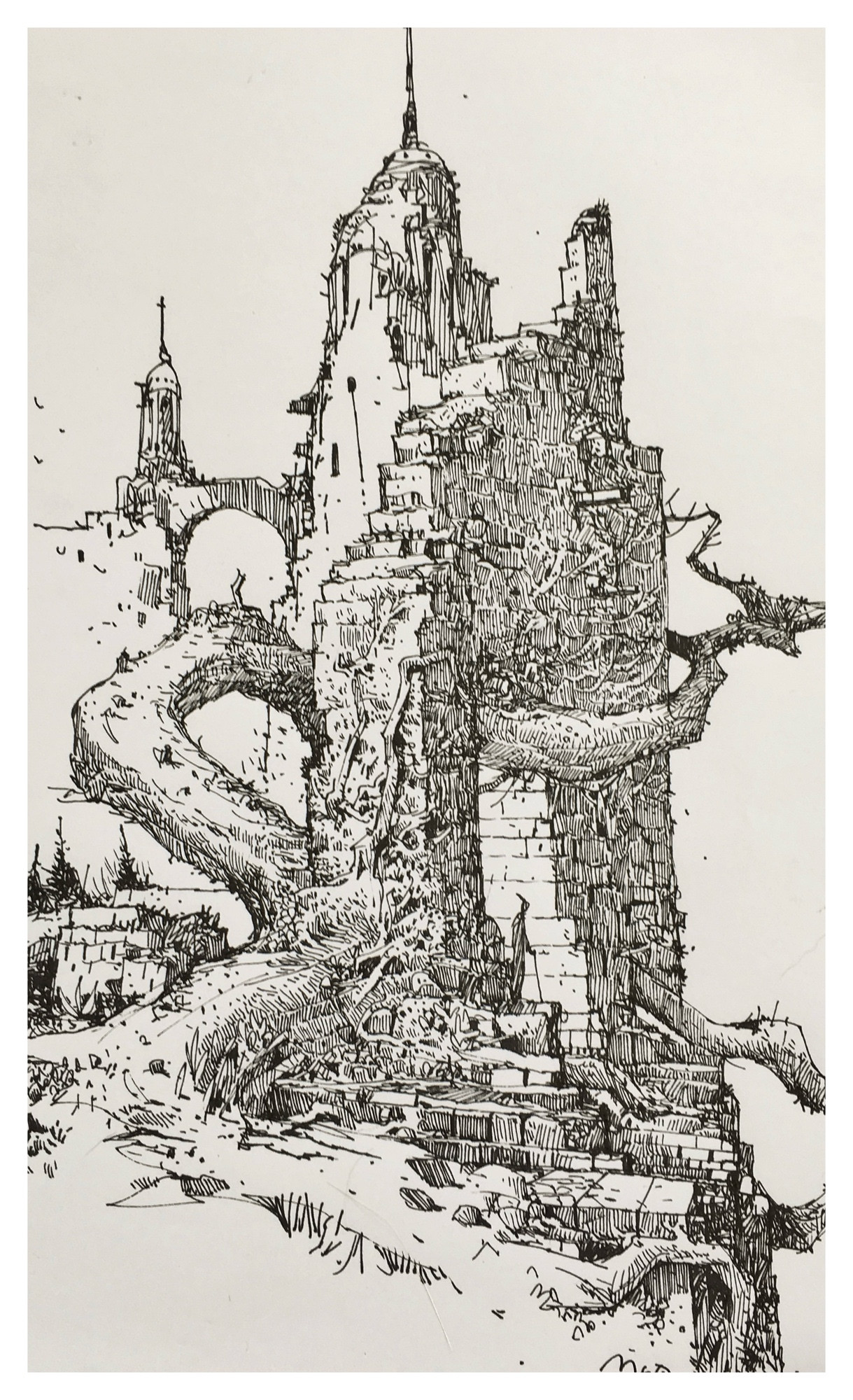 Ink drawing, an overgrown building in ruins 