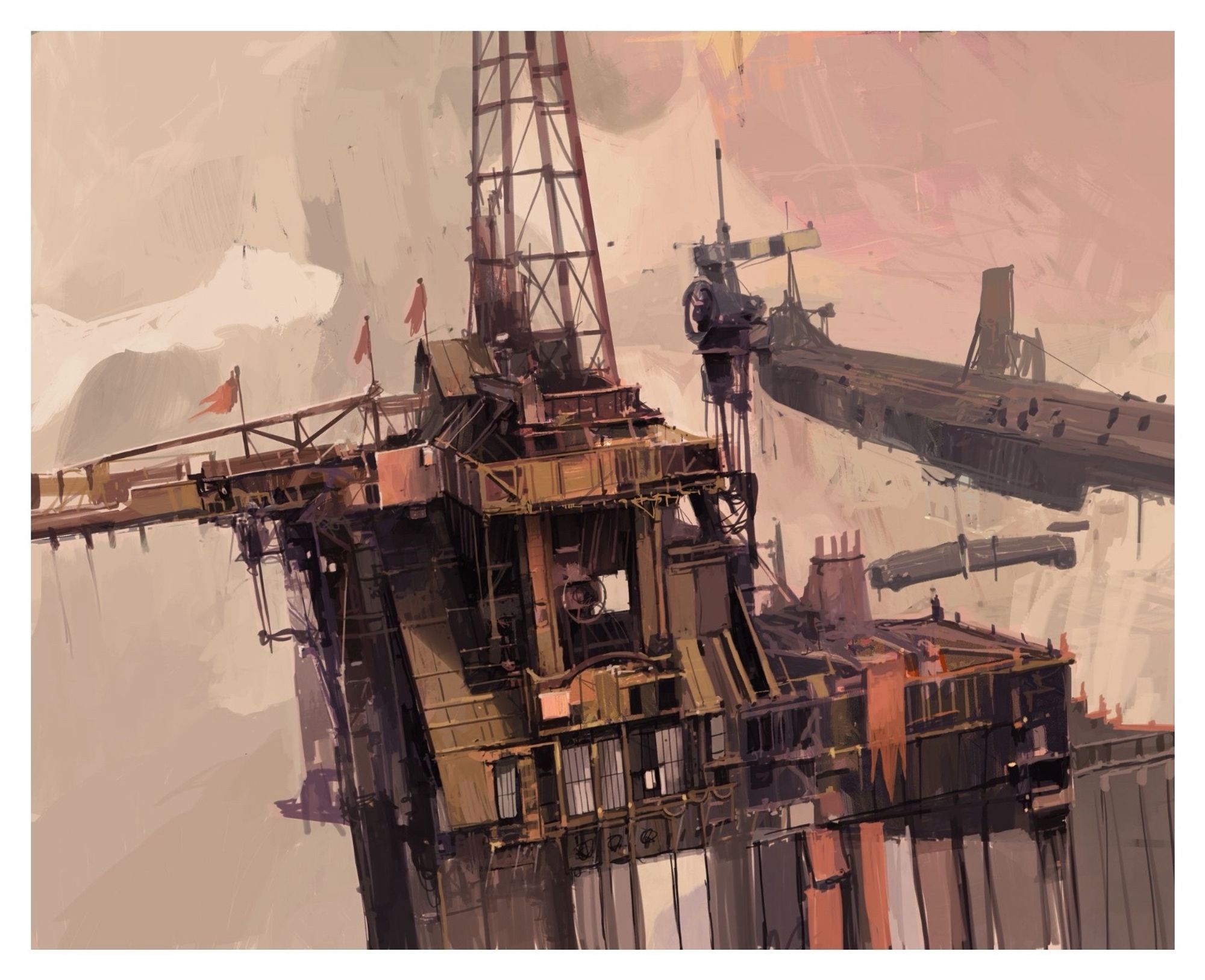 Work in progress image for the forthcoming Mileships book. A tower, a ship, flags.