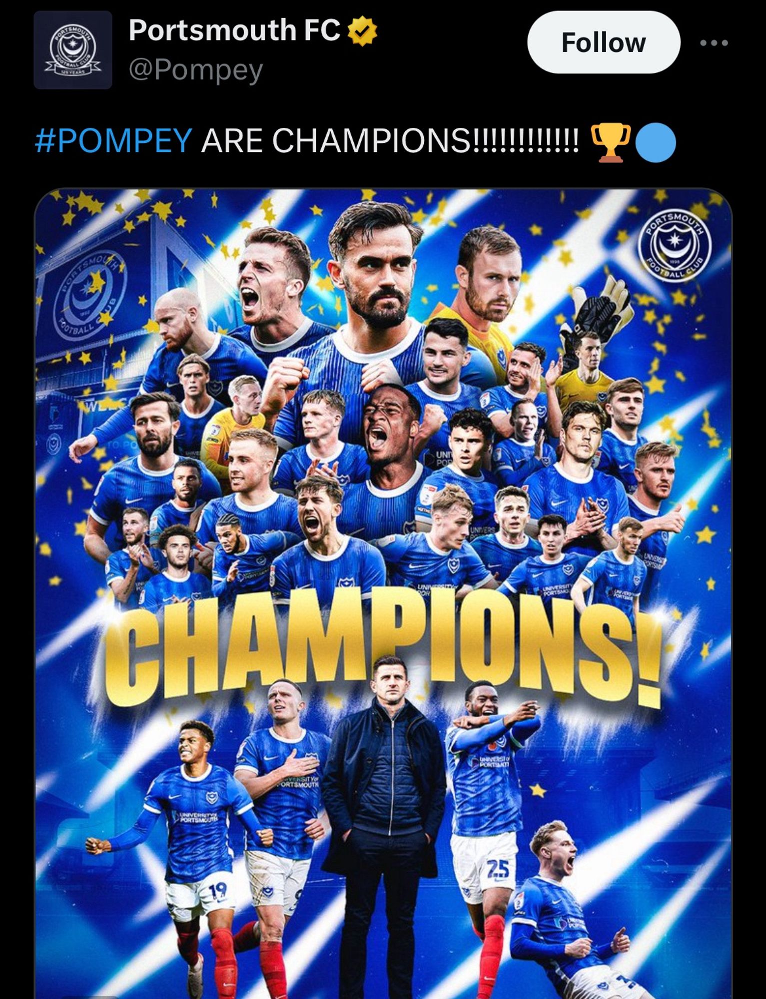 A graphic showing the Portsmouth fc squad and manager John Mousinho 23/24 and the word “champions!”

It’s is absolutely fucking epic!