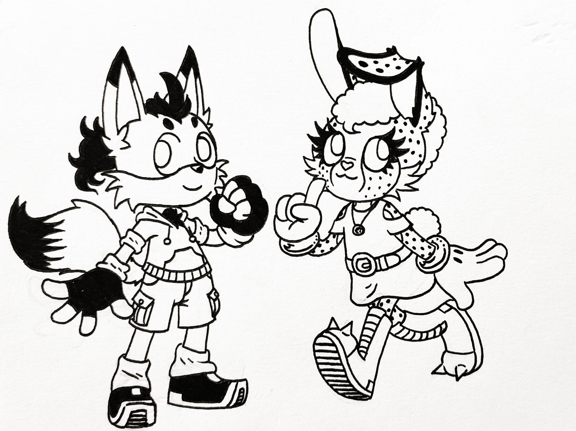 Two characters one fox with a white base and black markings wearing a hoodie and shorts. The other a bunny and cheetah hybrid wearing a dress and spiked boots.