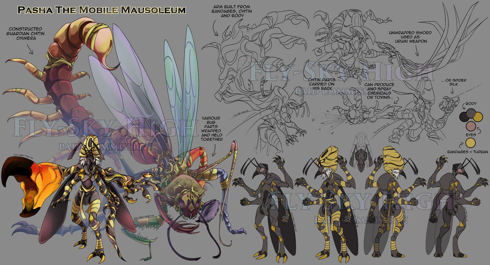 Image showcasing a character reference of a snatcher assassin bug with yellow bandages and a turban. It presents the design front and back, a dynamic rendered pose with a chimera bug in the back made of various different bug parts and a move set of a sort on the side, along with the details like text and color.