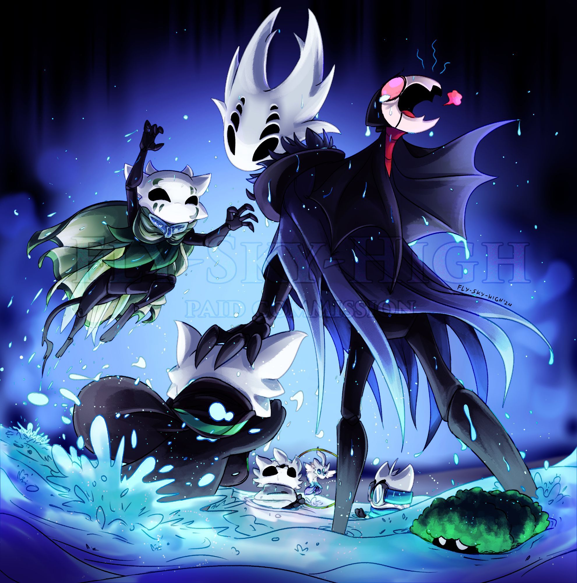 Simple illustration of several Hollow Knight vessel OCs and a Grimmchild. They are playing in the shallow waters, the tallest one looking back at a small vessel trying to splash. Another with a green cape and a tail is leaping from the water towards the two. In the back, sitting in the shallows, one small vessel is holding a hoop for a fish like creature that is their friend, the other is wearing goggles and relaxing in water. Around the tall one's neck is Grimmchild wrapping its tail around the neck, looking distressed from being wet and near water.