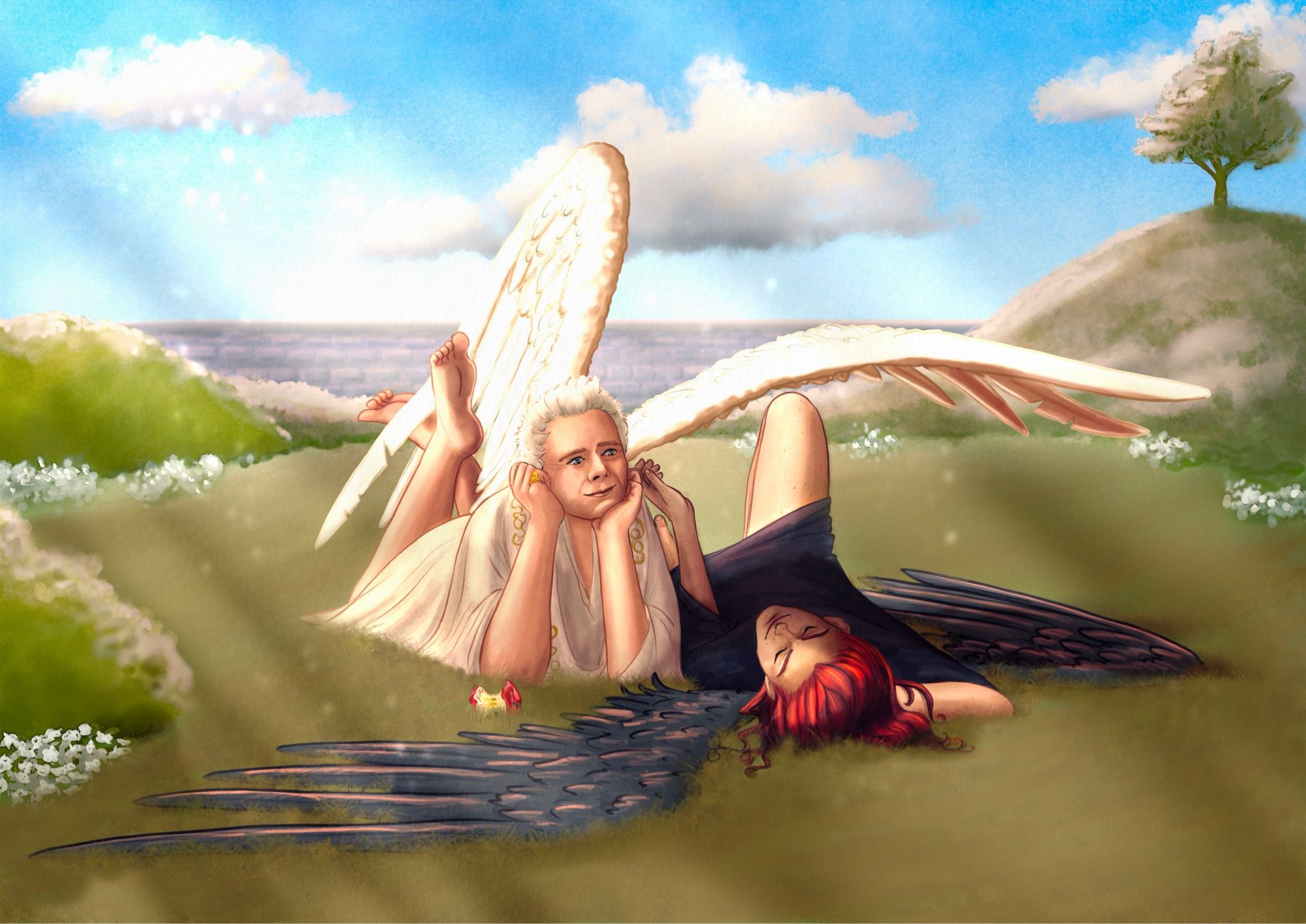 Crowley and Aziraphale lying on the grass in the Garden of Eden. Aziraphale lies on his belly and has his head propped up.on his hands while Crowley lounges on his back, gently touching Aziraphale with the back of his hand. Aziraphale's wing covers Crowley and shields him from the sun. In front of them is an apple core.