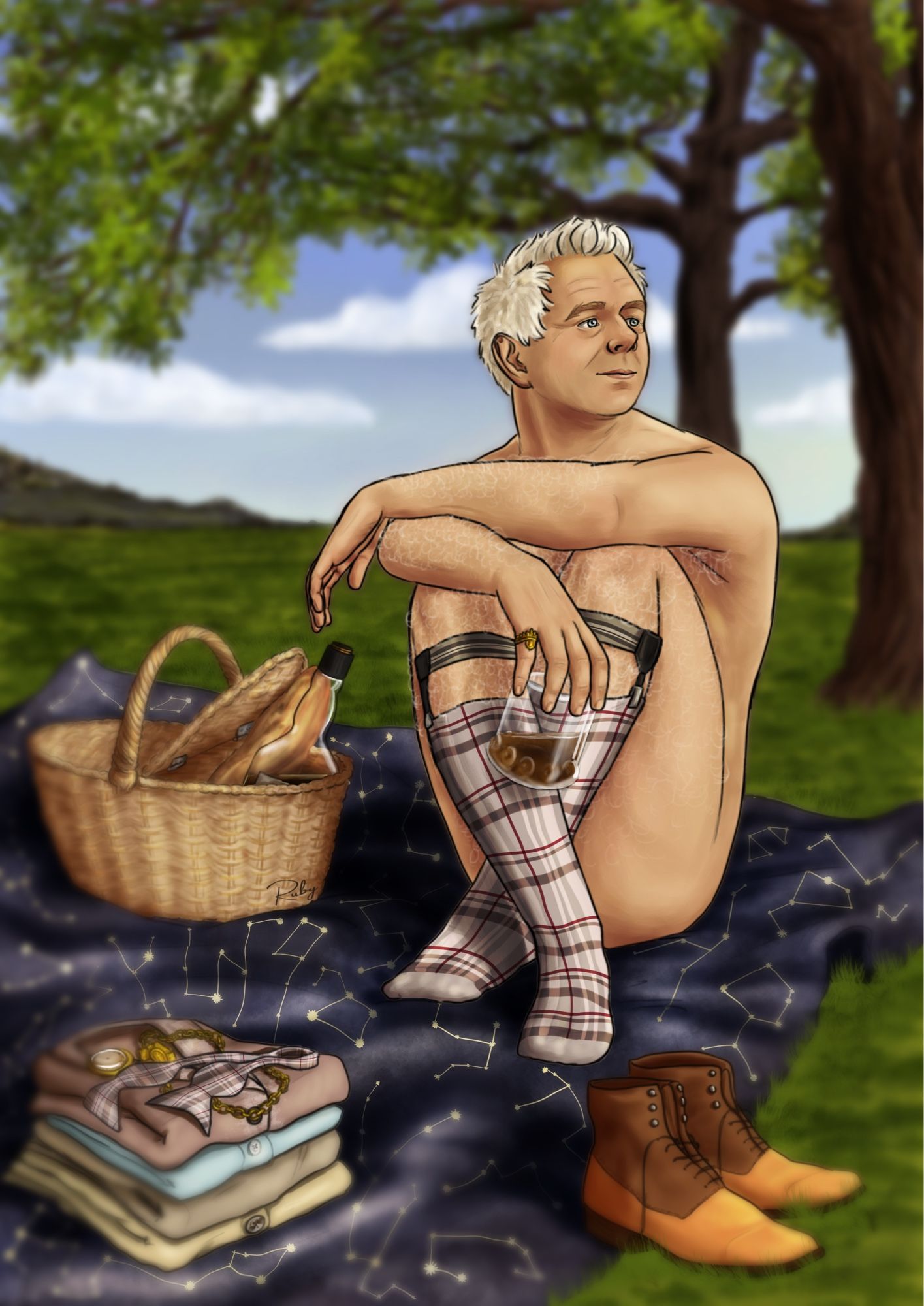 Aziraphale, dressed only with Tartan socks held up by sock garters, sitting on a constellation themed picnic blanket, surrounded by brass and trees. He's looking into the distance and lazily holds a half-full Whiskey Tumbler in his hand. His clothes are neatly folded in front of him and a wicker basket filled goodies is placed next to him.