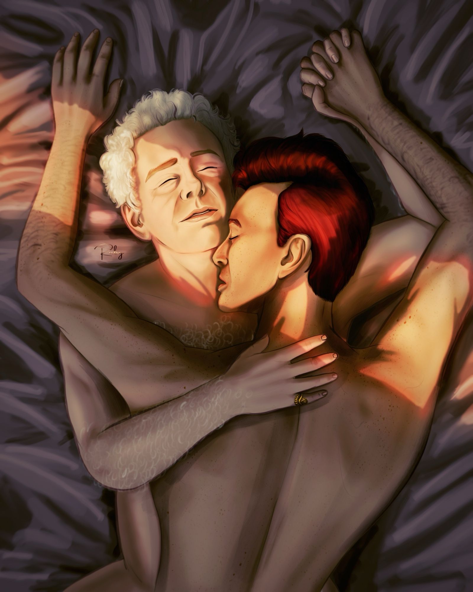 A digital drawing depicting Aziraphale and Crowley blissed out and intimately lying together on top of bed sheets. Aziraphale lies on his back and has his left hand linked with Crowley’s right one, who lies on top of him.