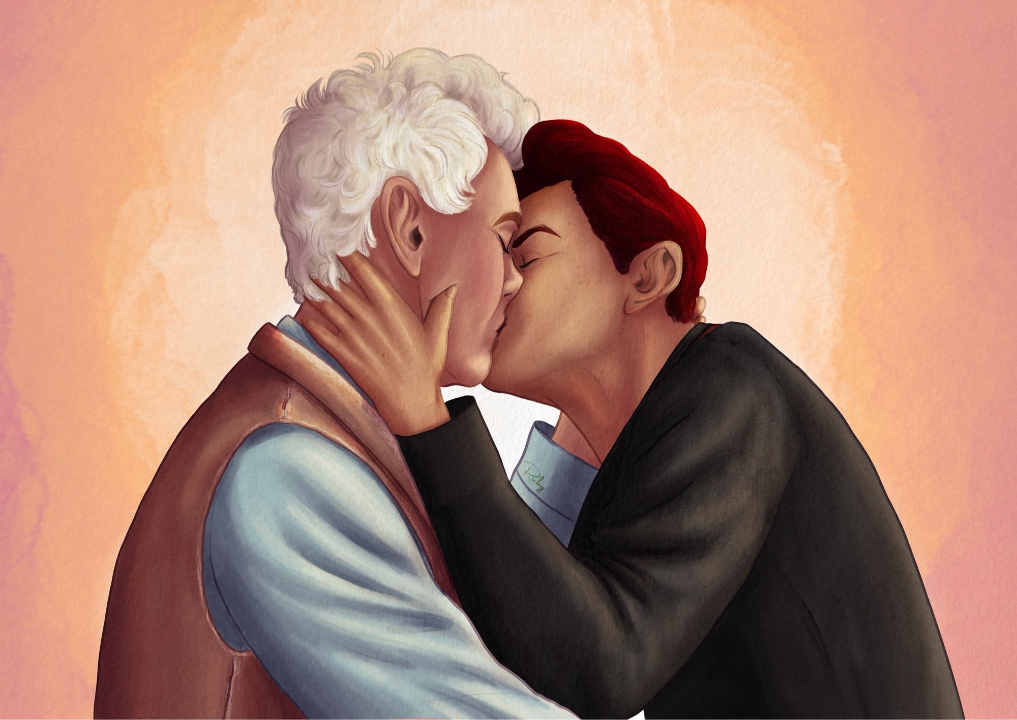 Drawing of Aziraphale and Crowley kissing tenderly in front of a soft yellowish orange background