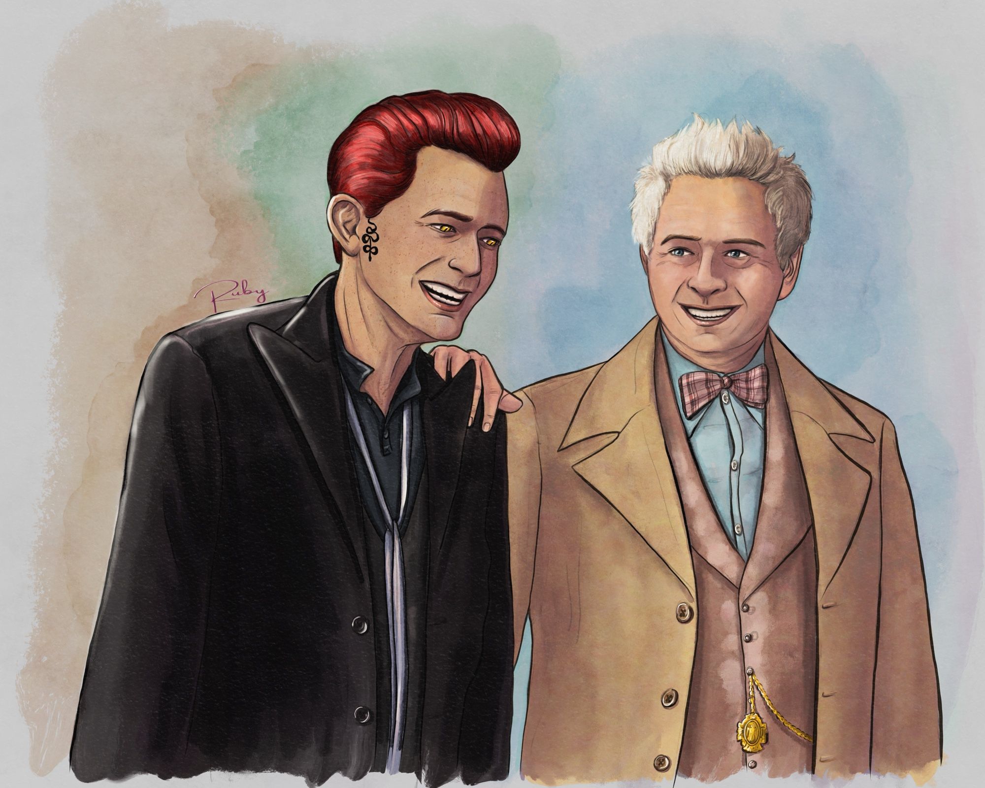 Digital water colour drawing g of Aziraphale and Crowley, carefree and laughing. Aziraphale's hand rests on Crowley's shoulder.