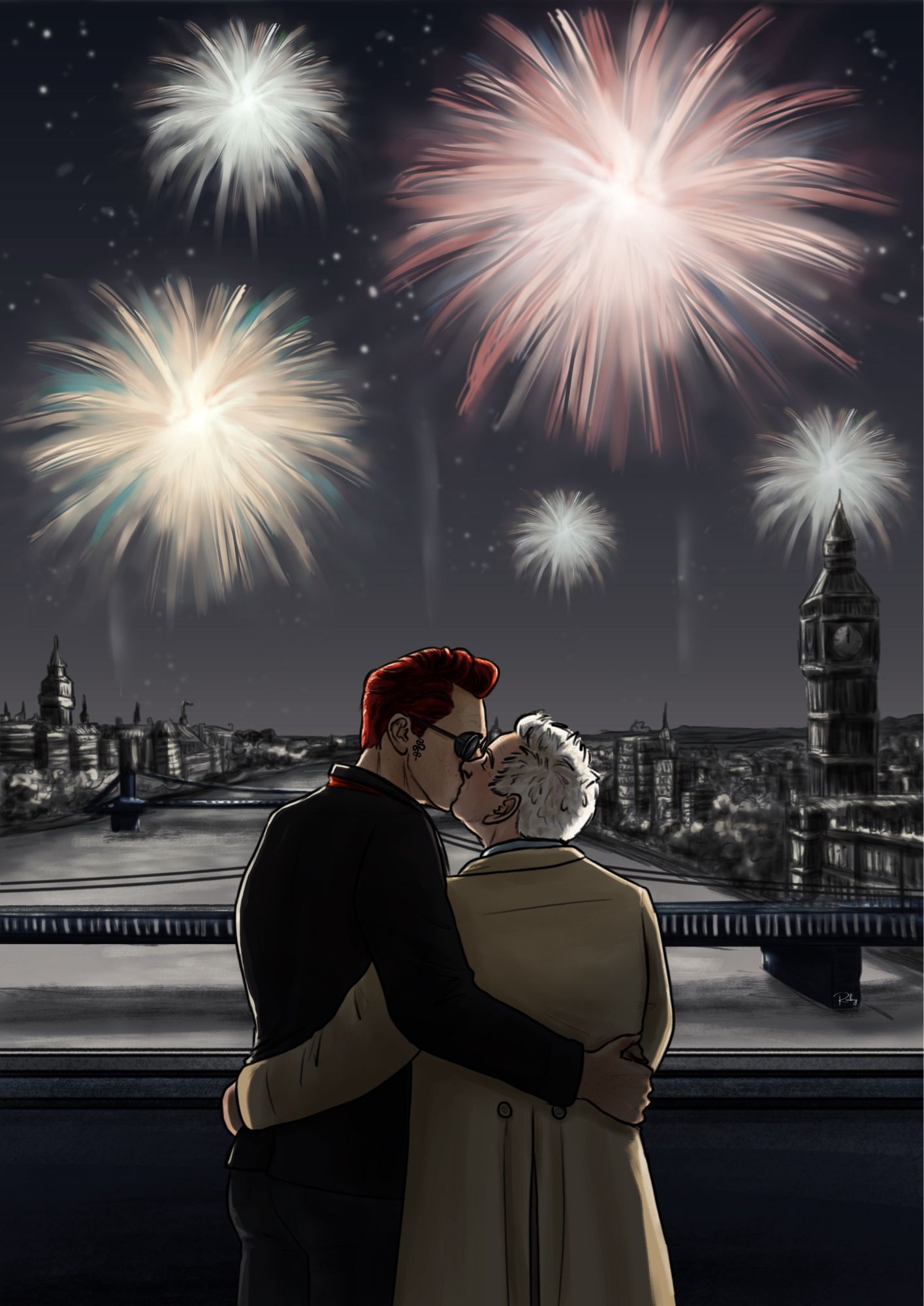 Aziraphale and Crowley kiss during New Year's fireworks over the London skyline