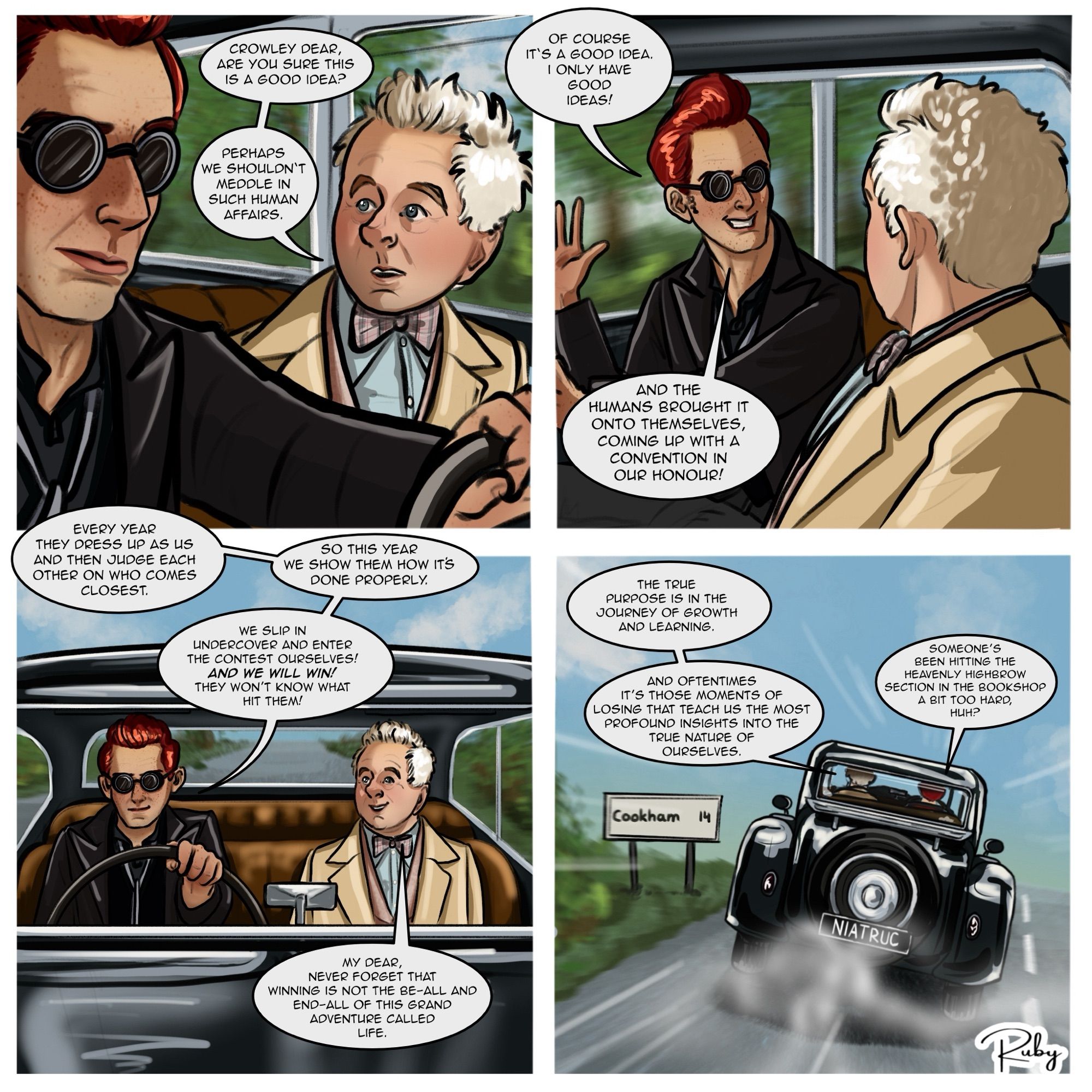 Comic of Crowley getting Aziraphale and himself to participate in a Aziraphale and Crowley cosplay contest at The Ineffable Con which Aziraphale loses to another contestant and is outraged by it despite of just before having preached the value of "losing" to grown and develop to Crowley.