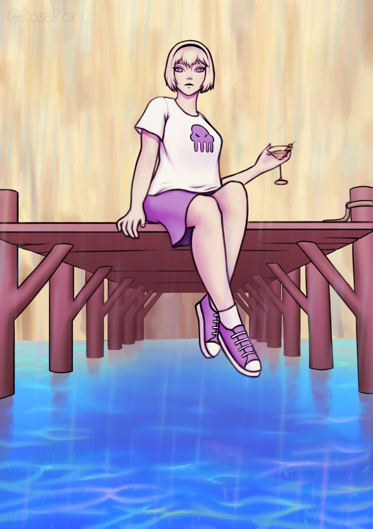 Rose Lalonde sitting on the pier legs hanging above water, a glass in her hand