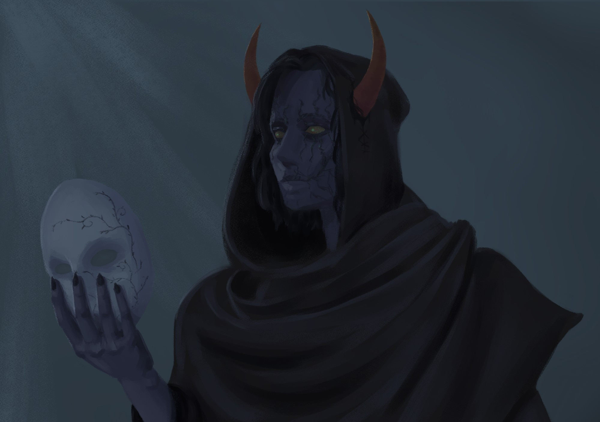 Homestuck fantroll. Looks a bit creepy standing in dim light. He has weird vein-like lines on his face. He holds a mask in his hand