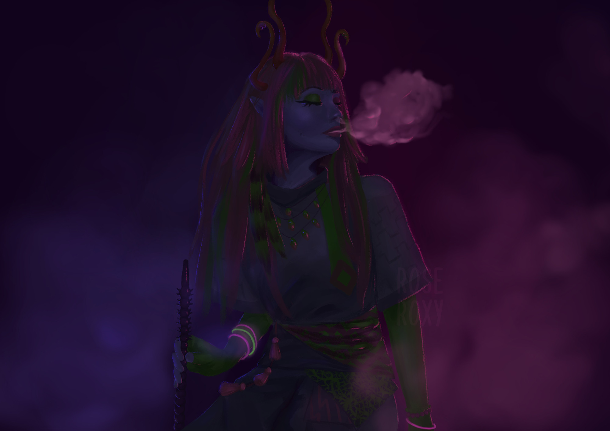 Homestuck Fantroll is smoking a shisha sitting in  a bunch of smoke clouds
