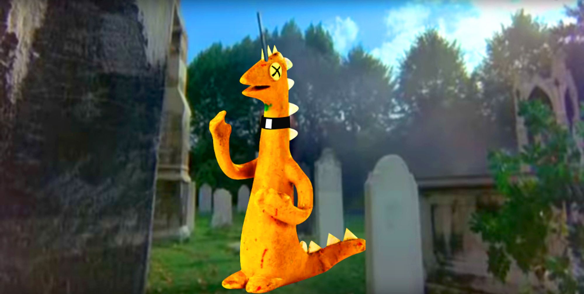 A parody image combining a scene from The Omen with a character from Gumby: Prickle, as Father Brennan, has been impaled by a spire head-to-foot that was blown off of a nearby church by a lightning strike, presumably sent by The Devil to stop Father Brennan from warning Robert Thorn about the true sinister nature of his son Damien.