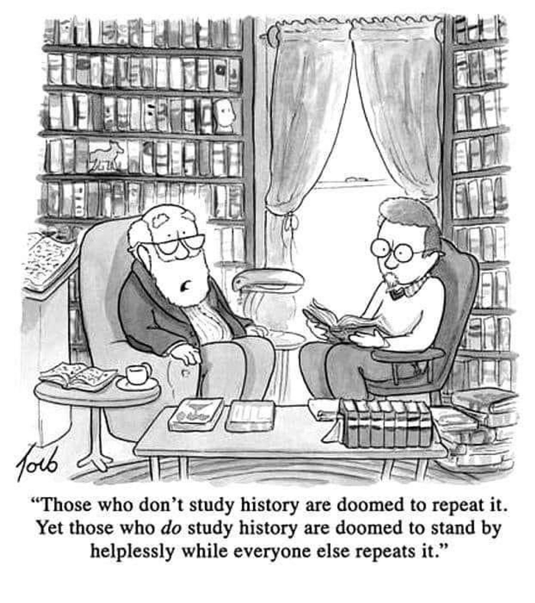 Comic with the statement "Those who don't study history are doomed to repeat it. Yet those who do study history are doomed to stand by helplessly while everyone else repeats it."