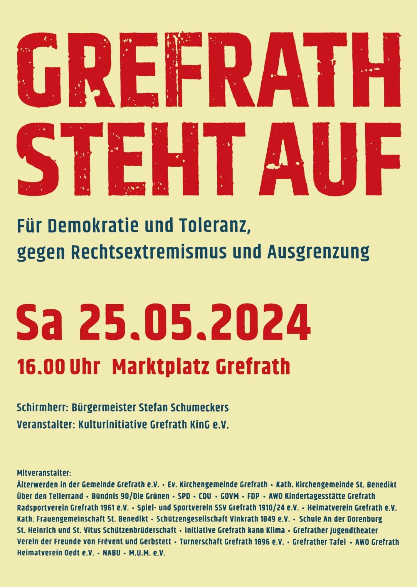 Aufruf zur Demo für Demokratie und Toleranz, gegen Rechtsextremismus, gegen Ausgrenzung. 
Grefrath, Niederrhein, am 25. Mai 2024, 16:00 Uhr, Marktplatz Grefrath.