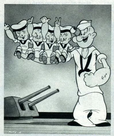 A vintage cartoon image depicts Popeye holding his "nephews" near some ship guns.
