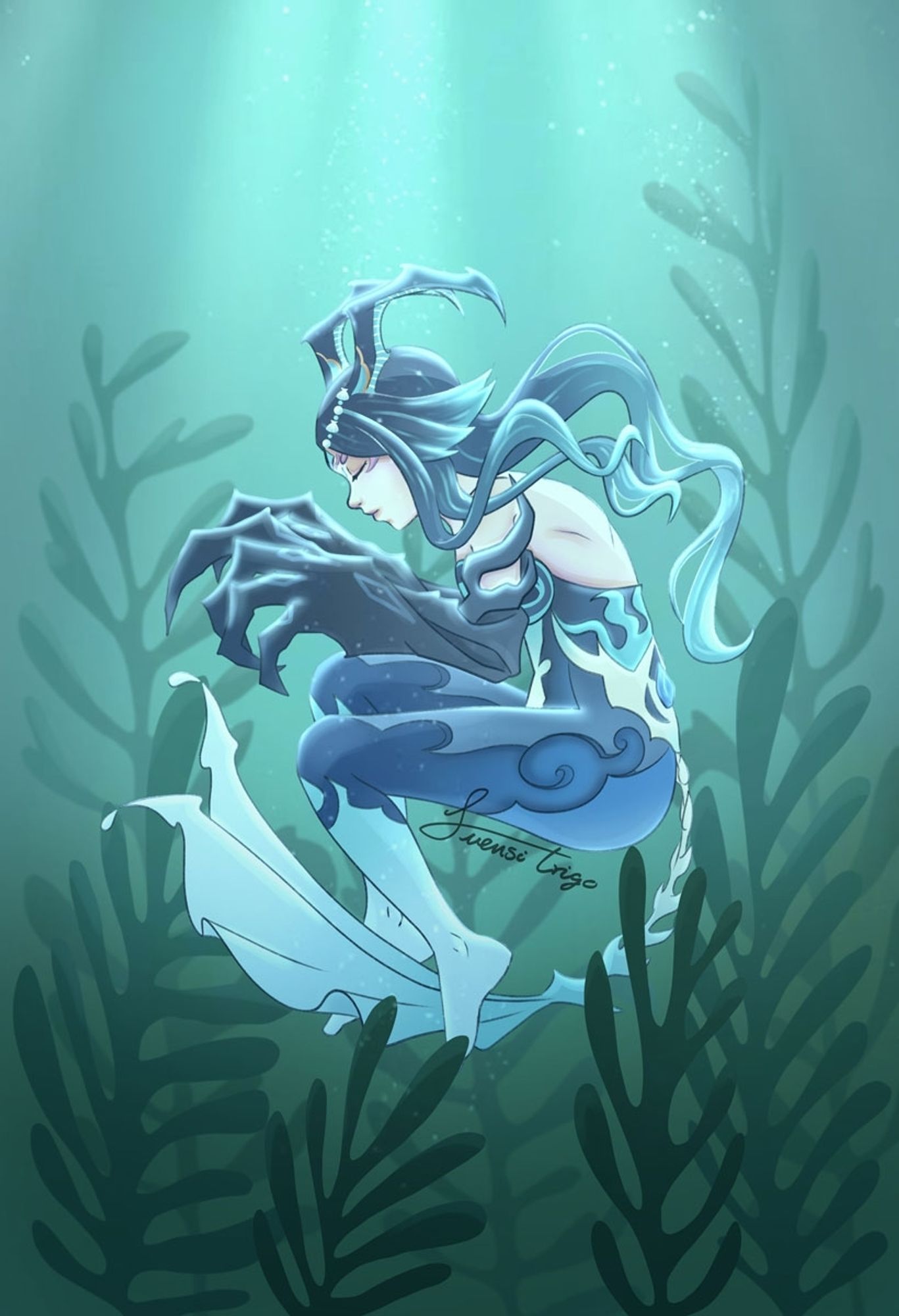 Bonasus, character from Genshin Impact, in the centre of the illustration while she is underwater surrounded by seaweeds