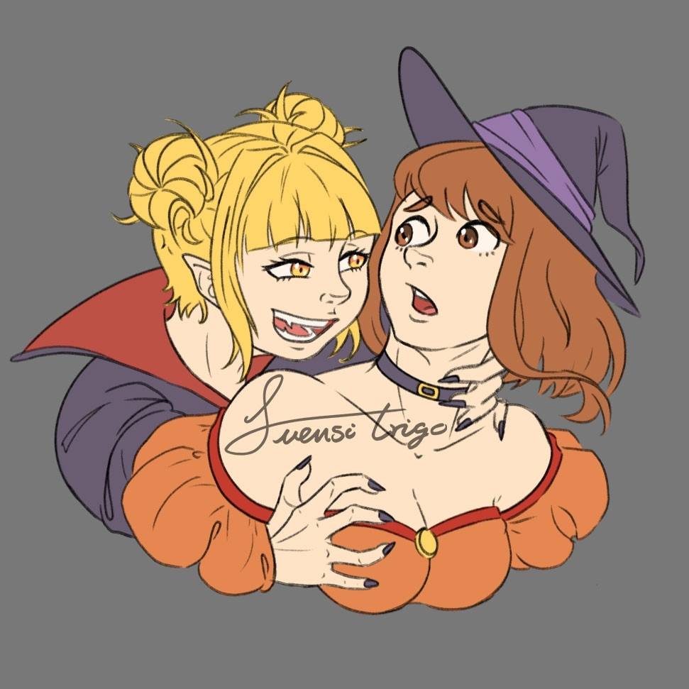 Toga dressed up as a vampire is trying to bite Uraraka who is dressed up as a witch. Characters from My Hero Academia