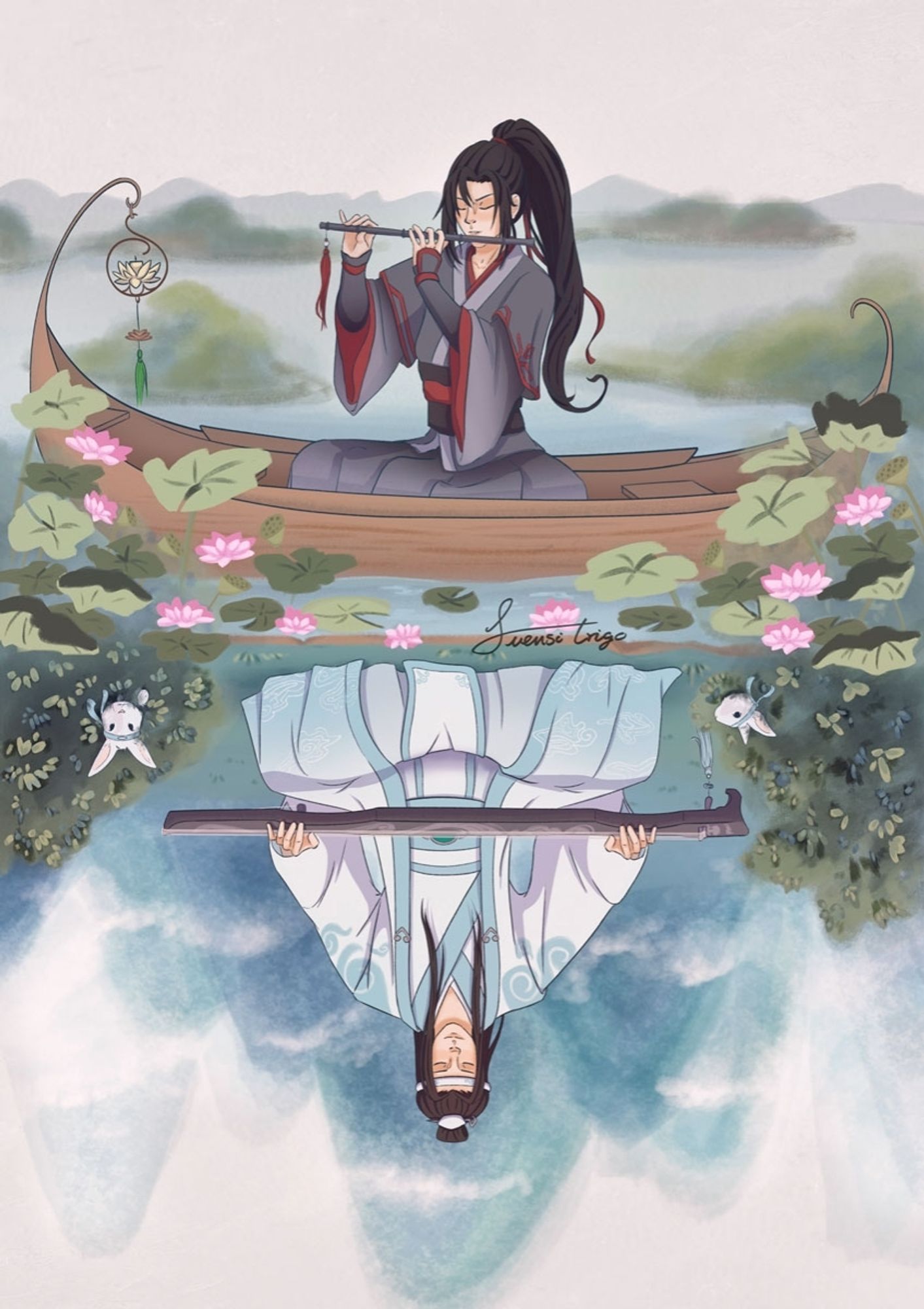 Fanart of "Mo Dao Zu Shi" as well know as "Grandmaster of Demonic Cultivation". Composition of two characters, up and down in which you can see it in whatever direction, upside down.