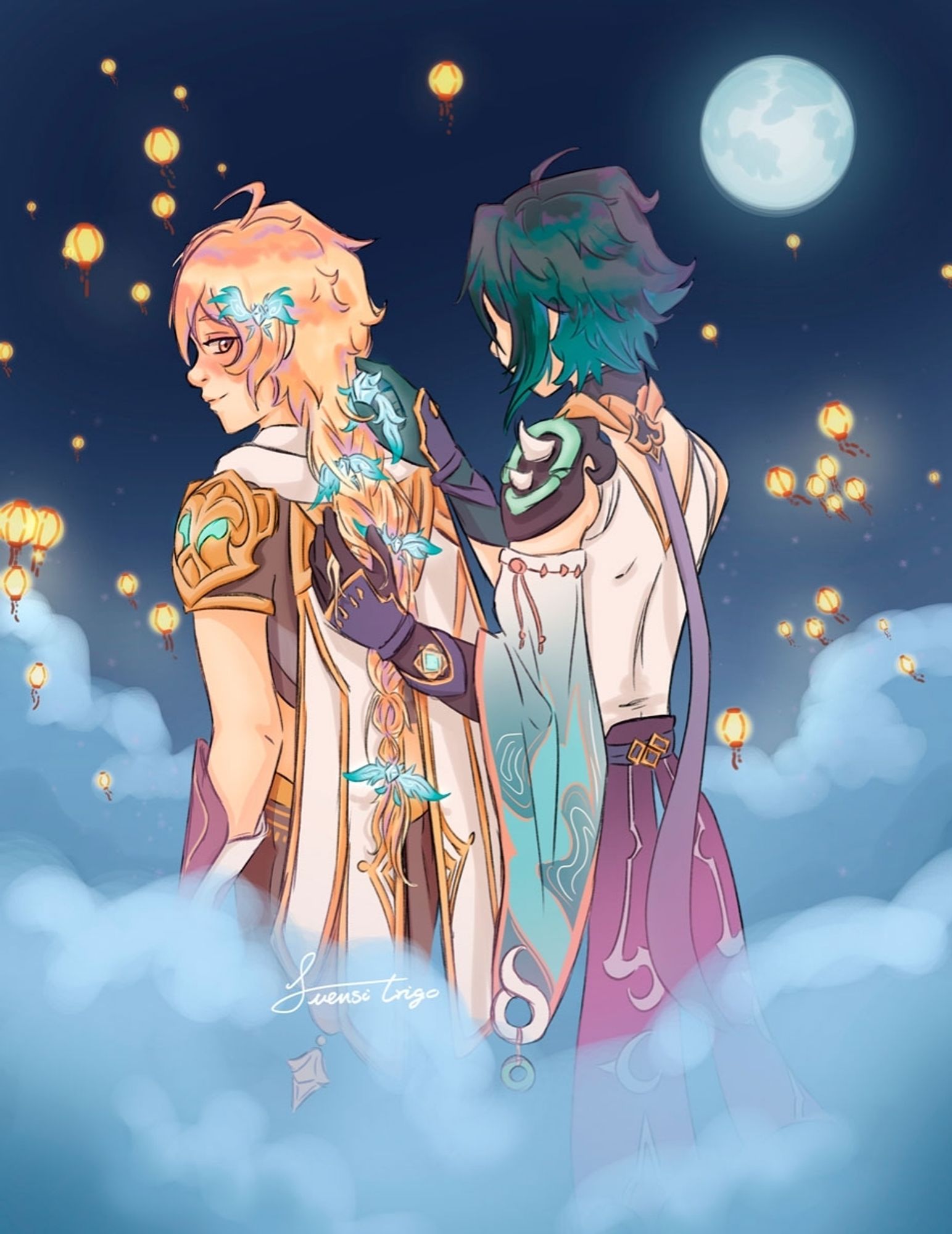 Fanart of the videogame "Genshin Impact" where Xiao is decorating Aether's hair during the night of "Lantern Rite" surrounded of clouds.