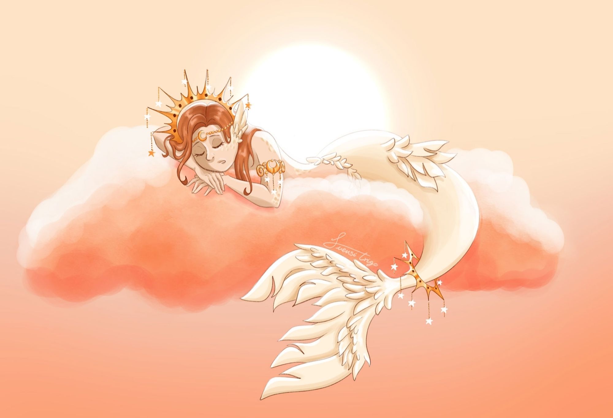 An unusual mermaid who has feathers instead of scales. She is sleeping in a cloud with the Sun rising behind her.