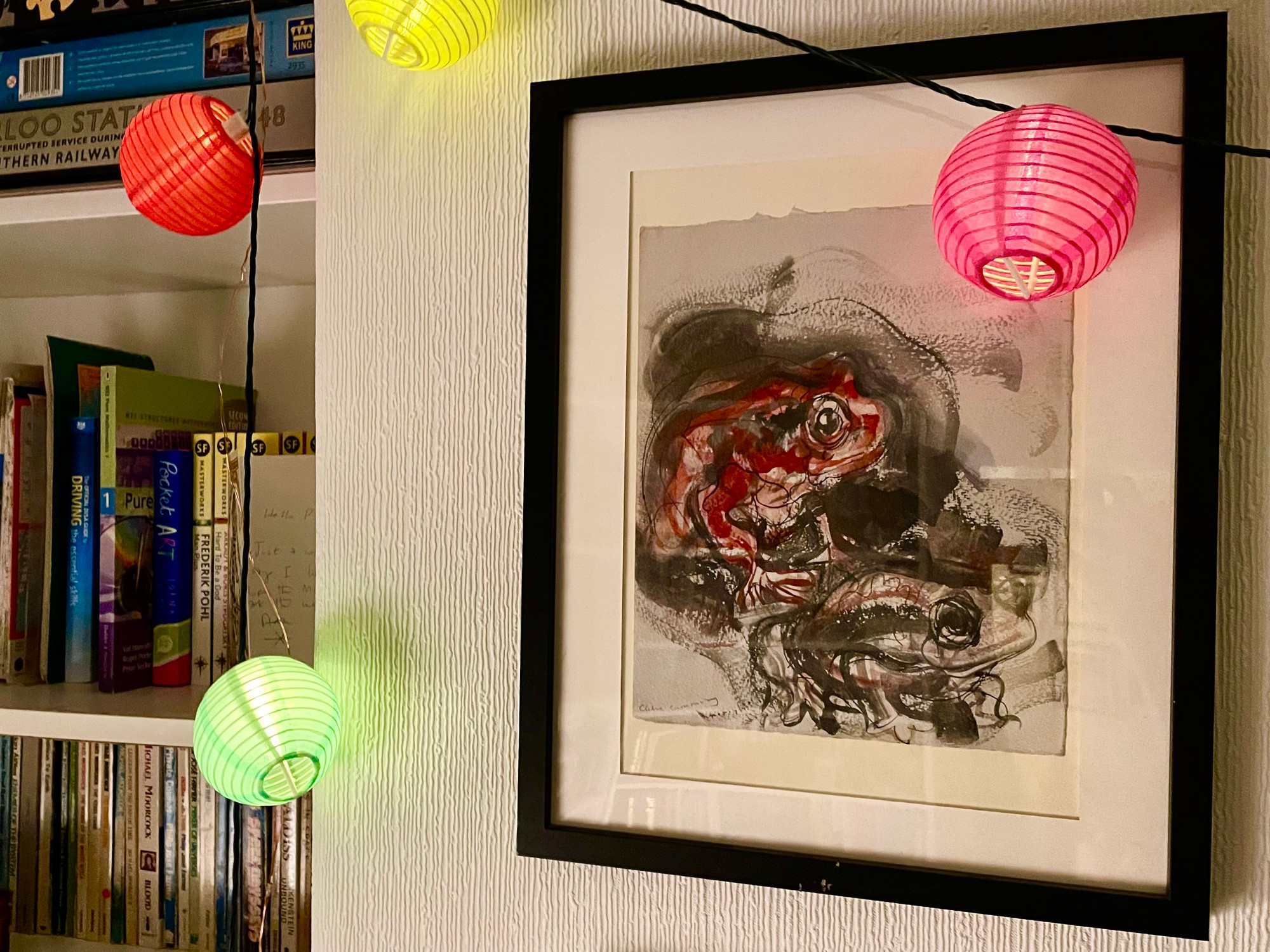 Framing painting/drawing of two frogs on a white wall near a bookcase with led lights around them.