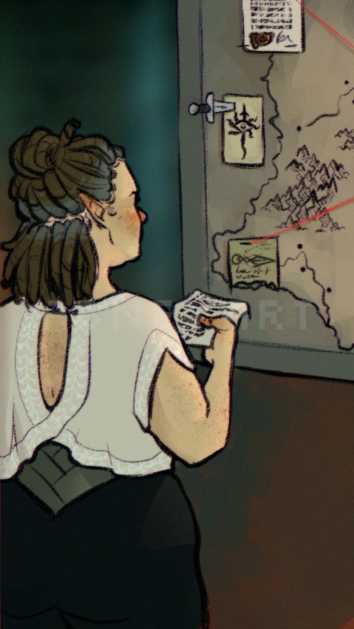 The artist’s Inquisitor Lavellan standing in front of a map of Tevinter that is covered in various documents with strings attached to different places on the map