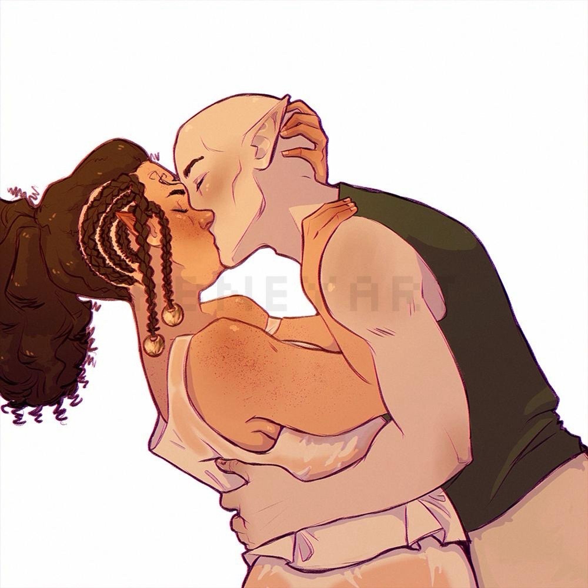 A drawing of the artist’s Lavellan kissing Solas in an intimate embrace. His hands are around her waist, and the two are leaning into one another. Their clothes are simple and damp