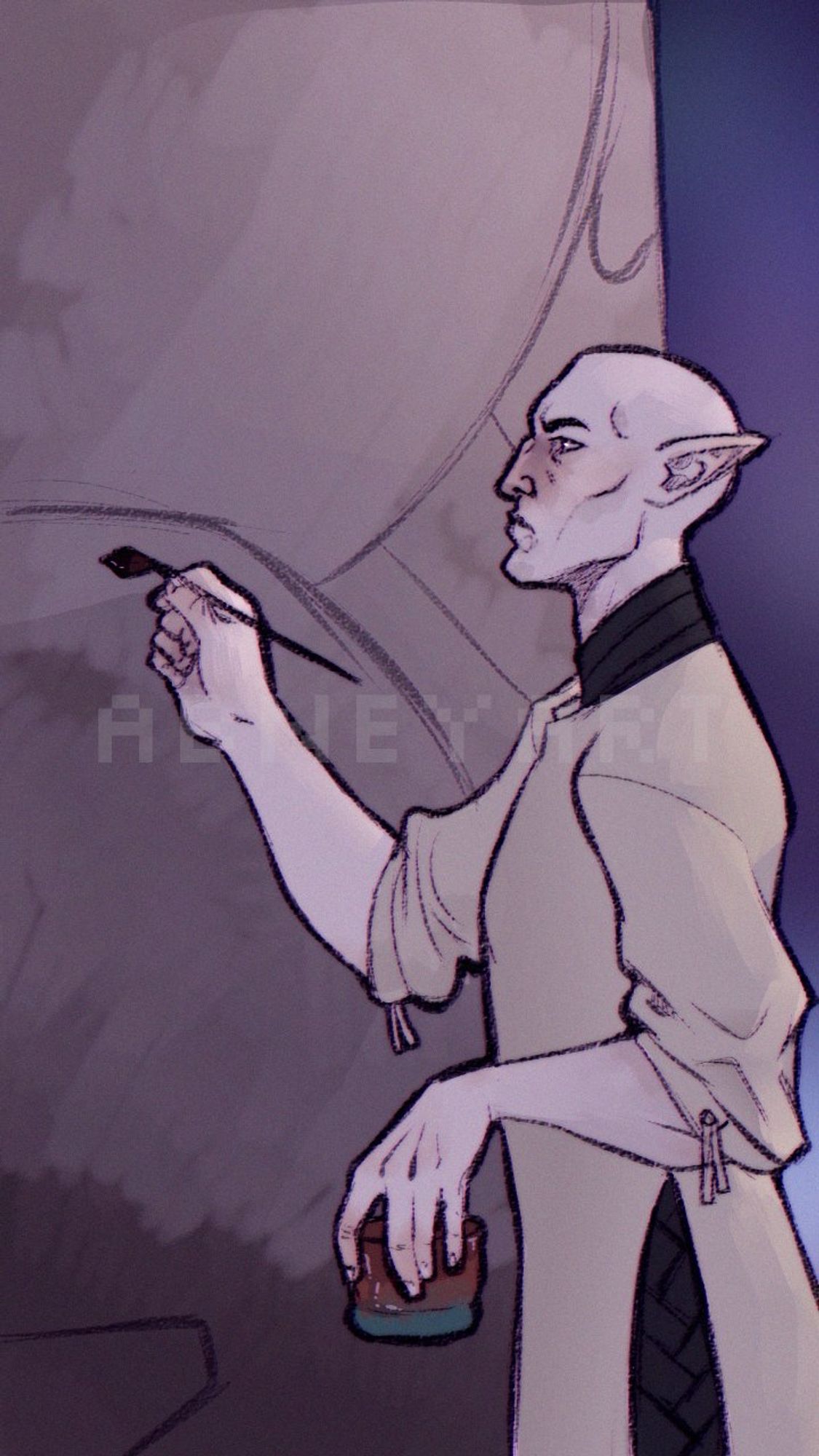 Solas standing in front of a blank fresco, holding a jar filled with the watery pigment as he lifts a paintbrush to the wet plaster, eyebrows knit in concentration