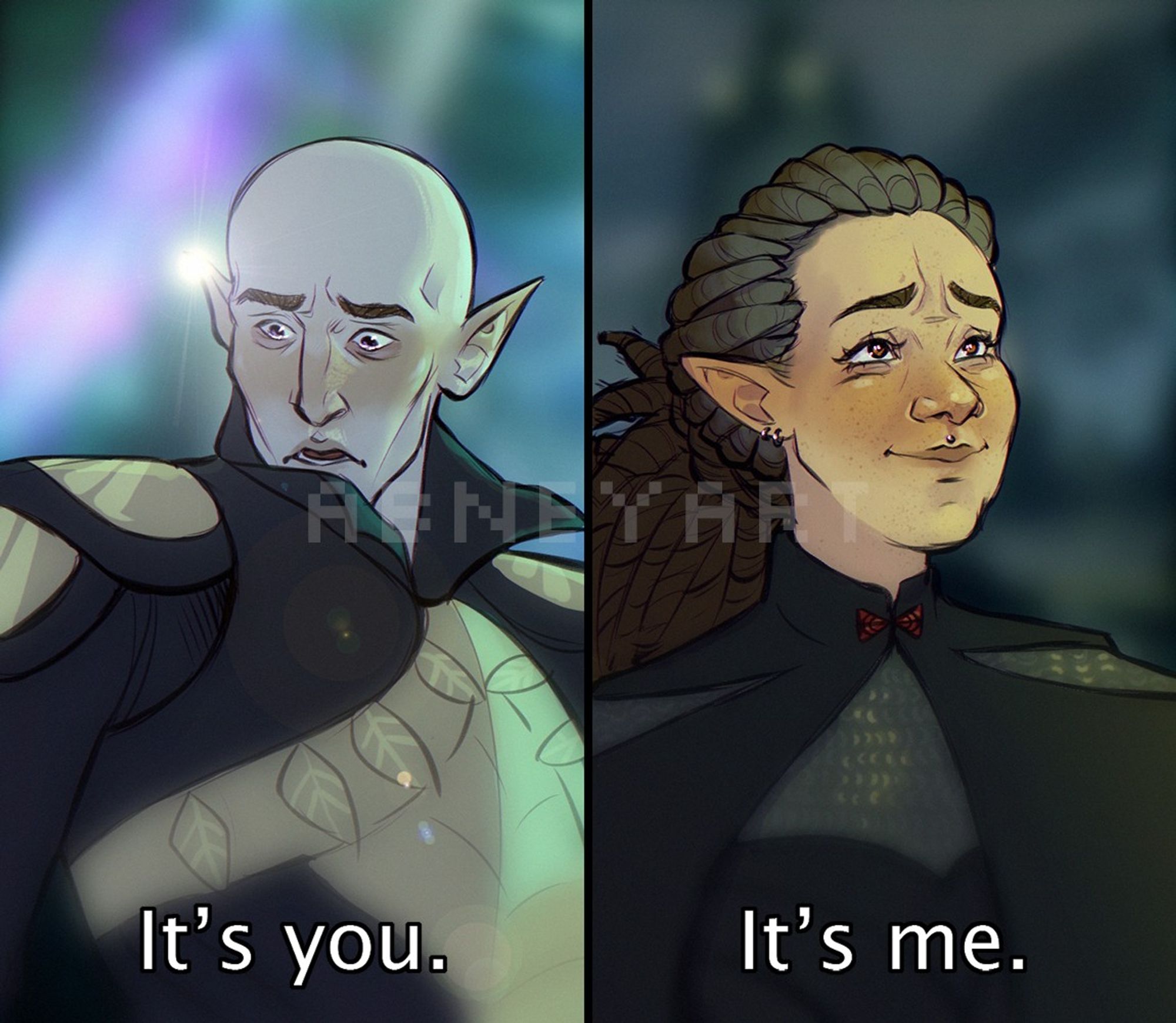 Solas from Dragon Age: Veilguard in front of his ritual site is looking down in the first panel. He looks shocked with tears in his eyes. The caption reads, "It's you." In the next panel, the artist's Inquisitor Lavellan looks up at him, smiling sadly and teary-eyed, too. The caption reads, "It's me."