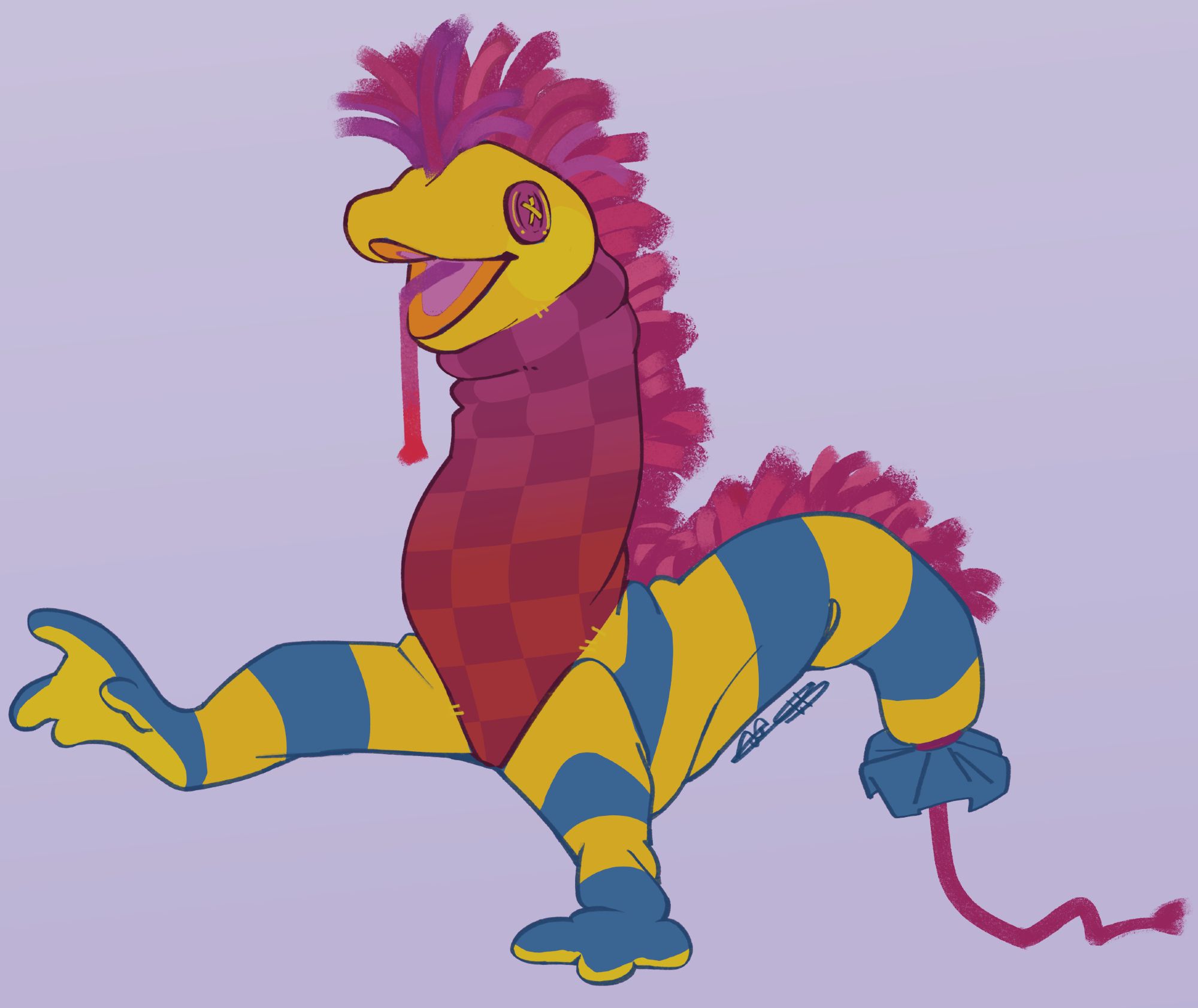 a little puppet creature, with two legs, no arms, a fluffy yarn mohawk the entire way down its body, and is two somewhat lizard-like in appearance. its eyes are two buttons, its tongue is a string, its tail is tied closed with another piece of string. There are two patterns of fabric on its body; blue and yellow stripes and deep magenta checkerboard.