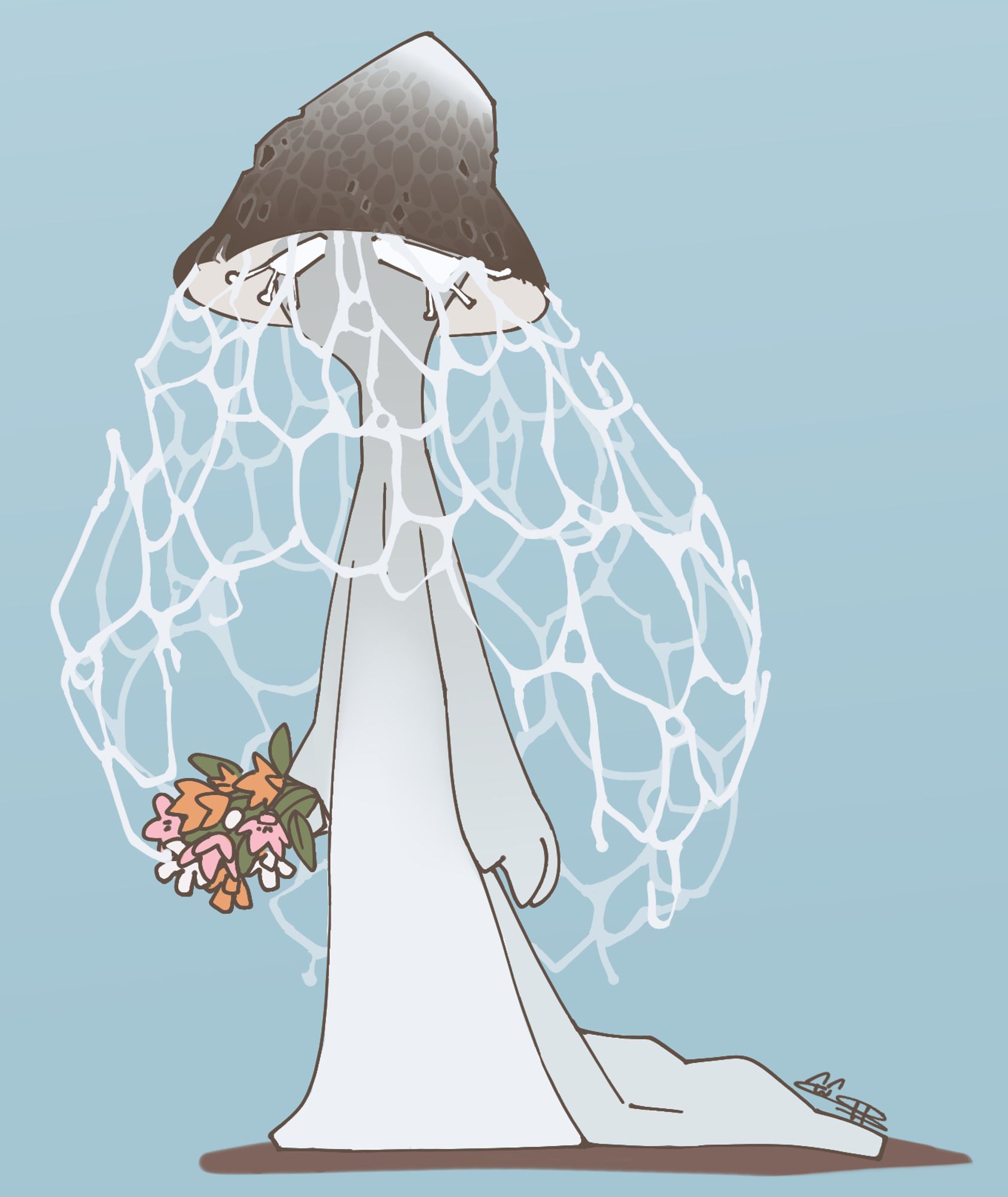 a digital drawing of a lacecap mushroom character, they are very pale grey and look vaguely like a bride with big sad pupil-less  eyes adorned with long thick eyelashes, and the lace attached to their cap looks like a veil. their body mimics the idea of a dress and they hold a bouquet in one hand.