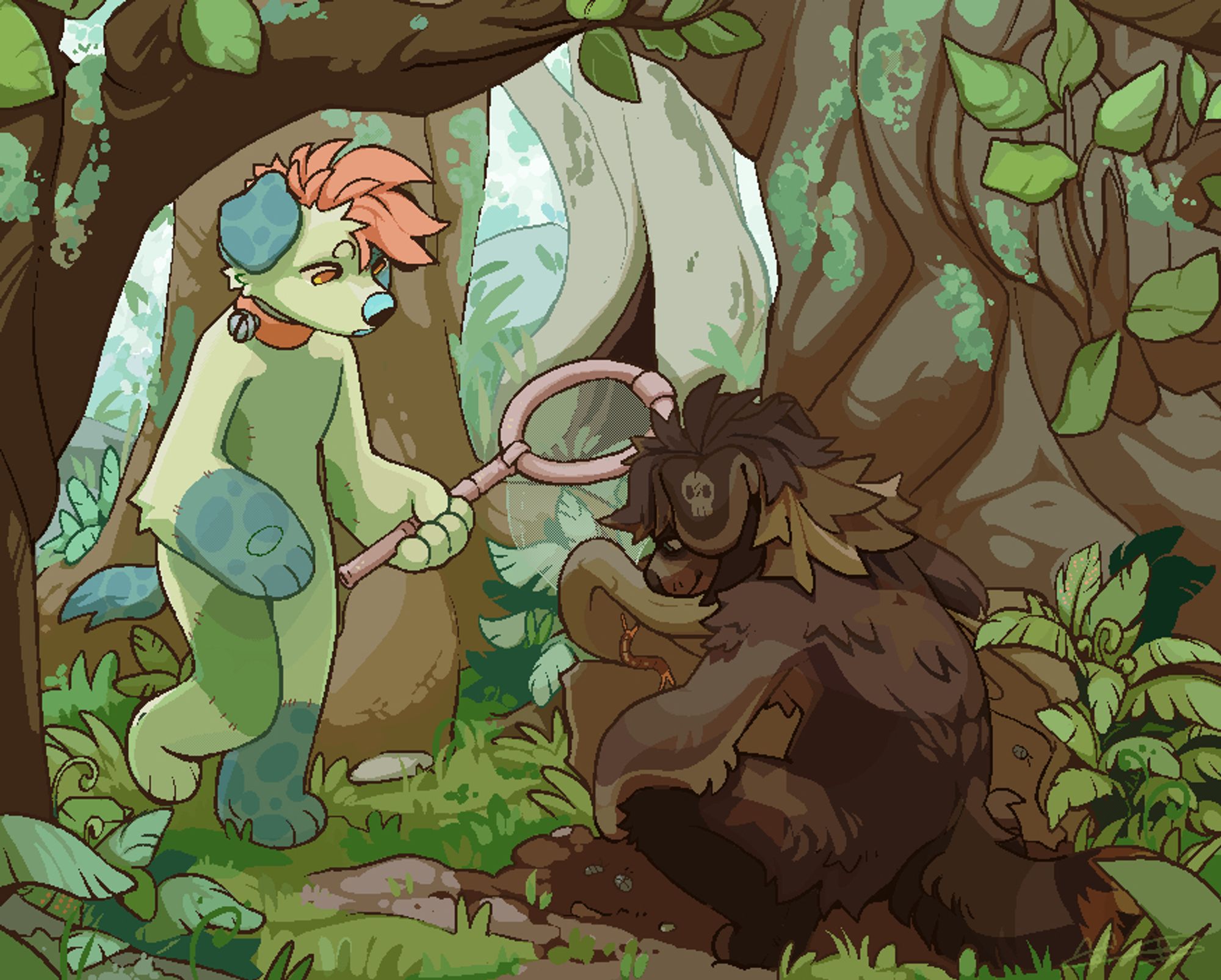 a digital drawing in pixel form of two characters bug hunting in the woods. One is primarily dark browns, squatting and holding up a fallen rotting log, while the other is a light greenish yellow with green and teal patches sewn sort of like frankenstein's monster with orange hair, holding a net. The forest is lush and green with large trees, and it is a bright day.