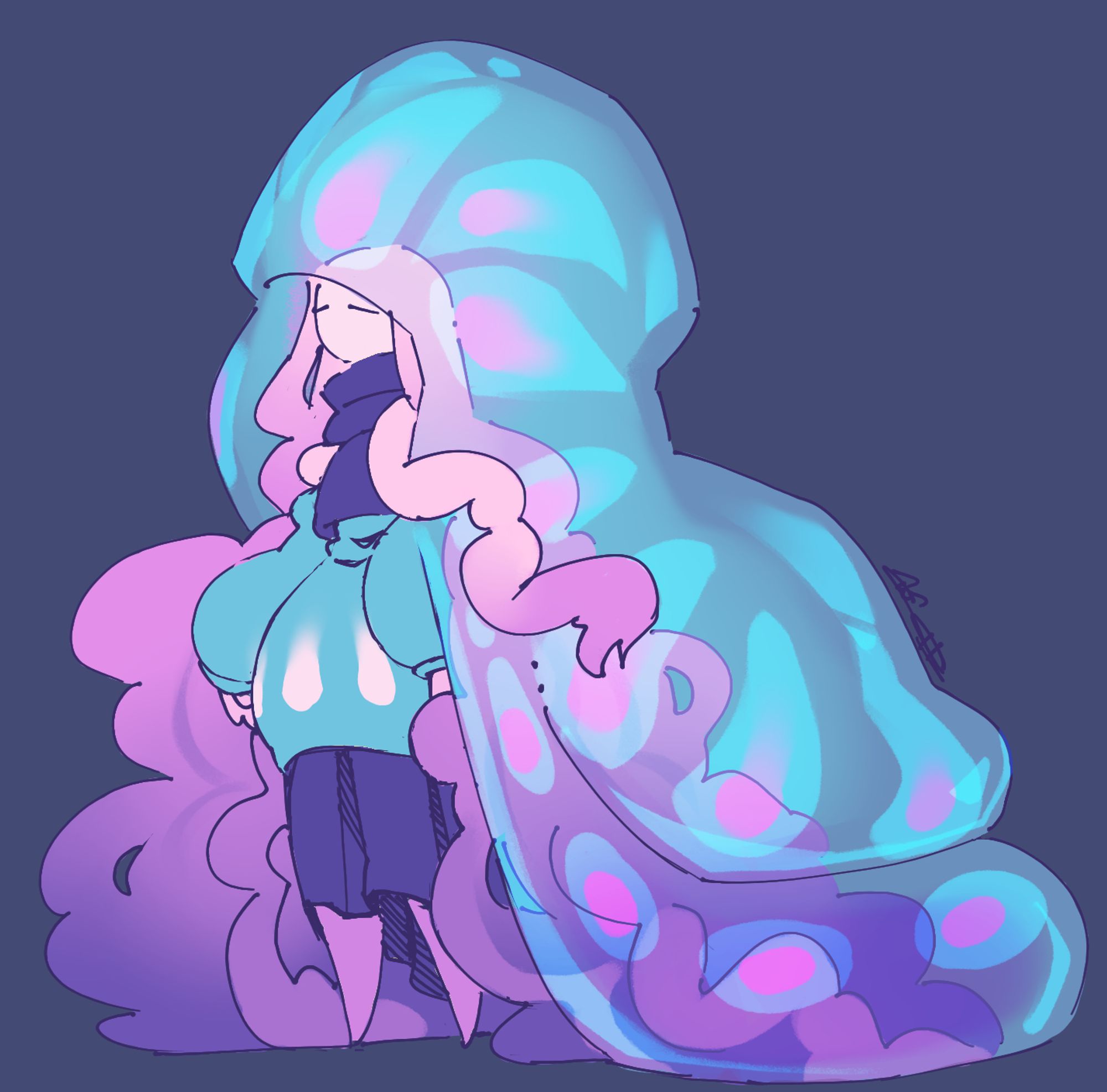 A feminine looking jellyfish character in a sweater and skirt with a massive bell and tentacles for hair