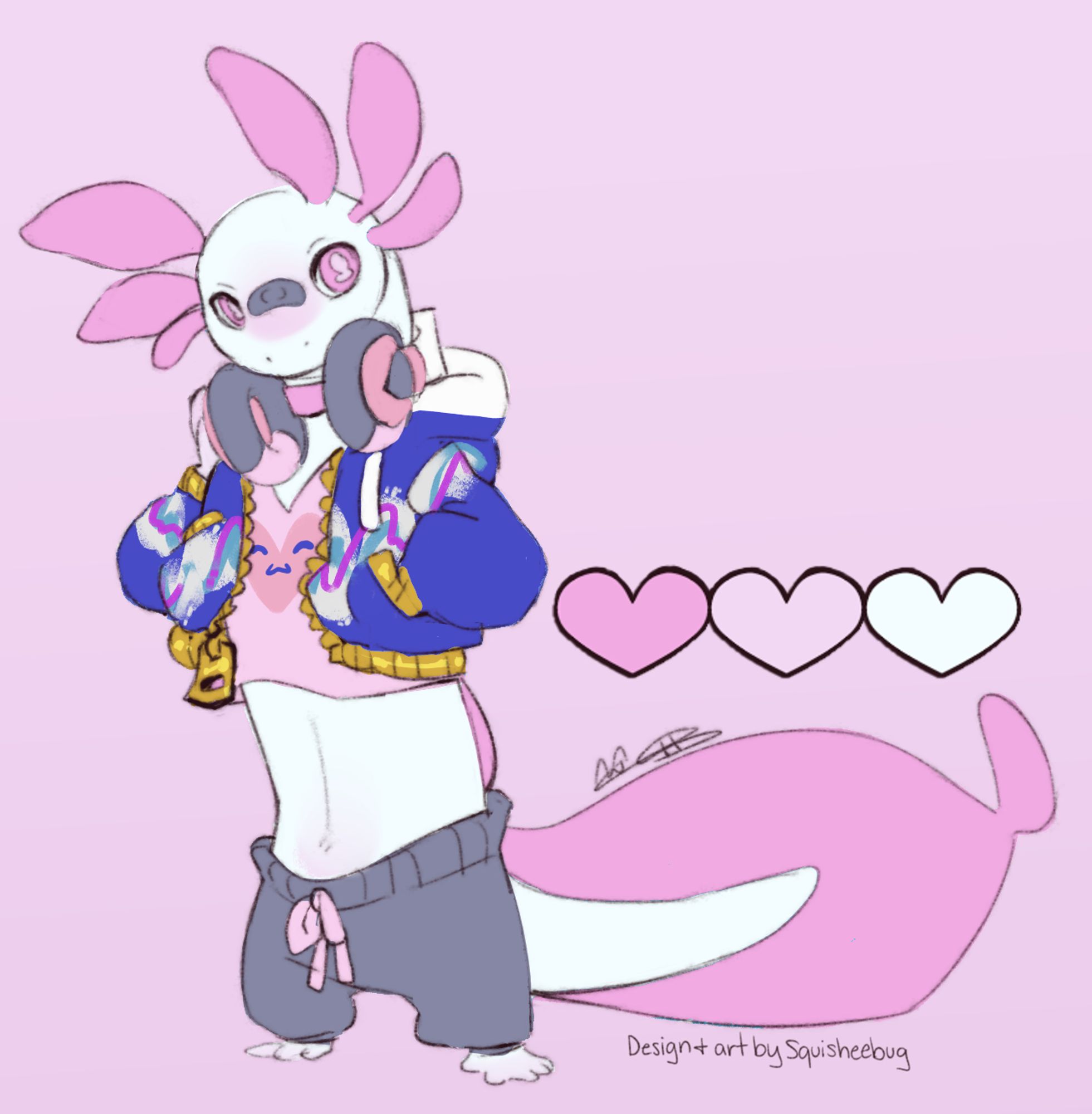 an anthropomorphized axolotl character. He is pale white with pink gills wearing a heart crop top and a jazz cup inspired jacket with low riding baggy sweats, and a headset around his neck.