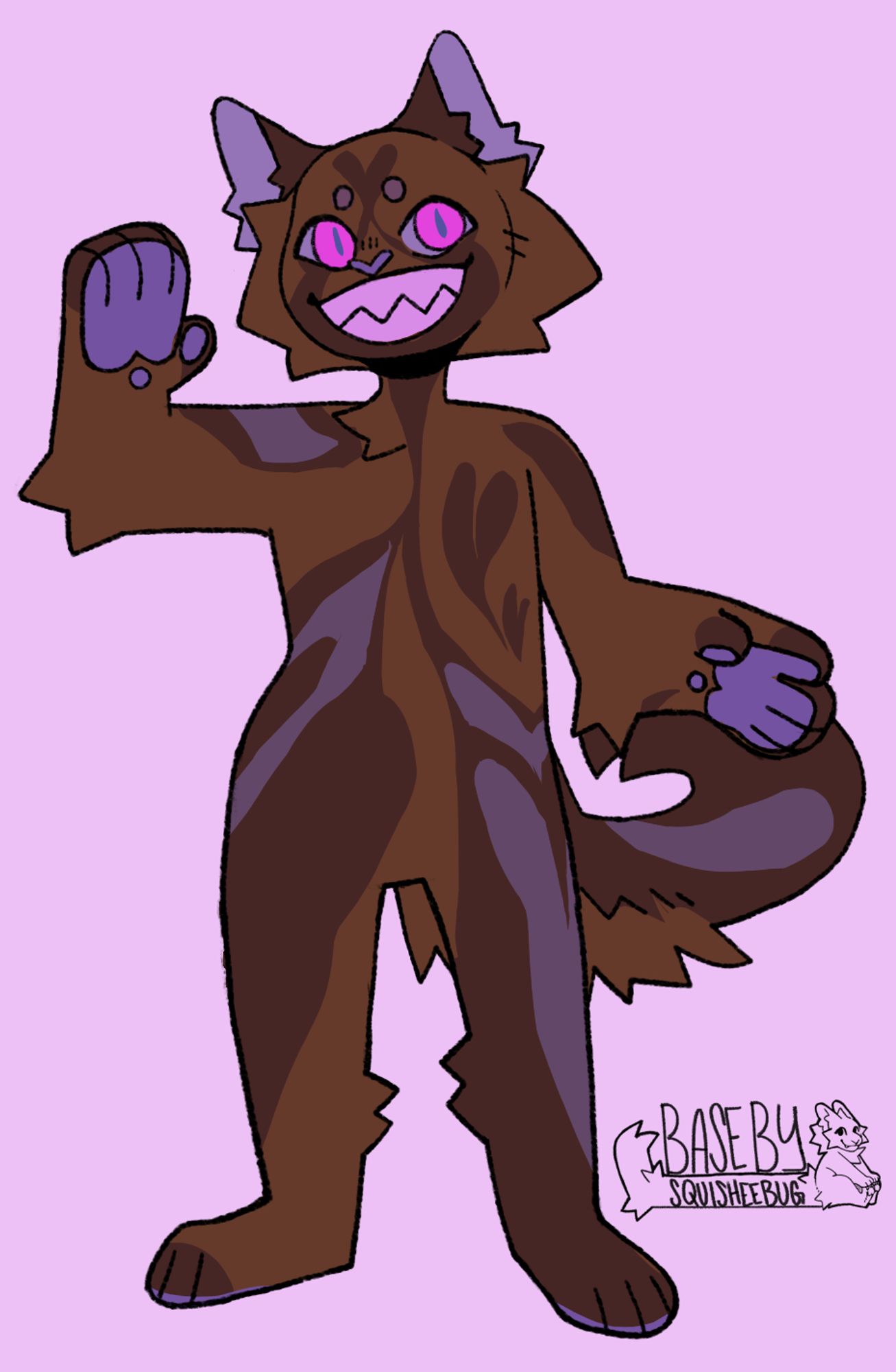 an anthro brown cat design with dark brown and purple heart shaped swirly markings all down their body