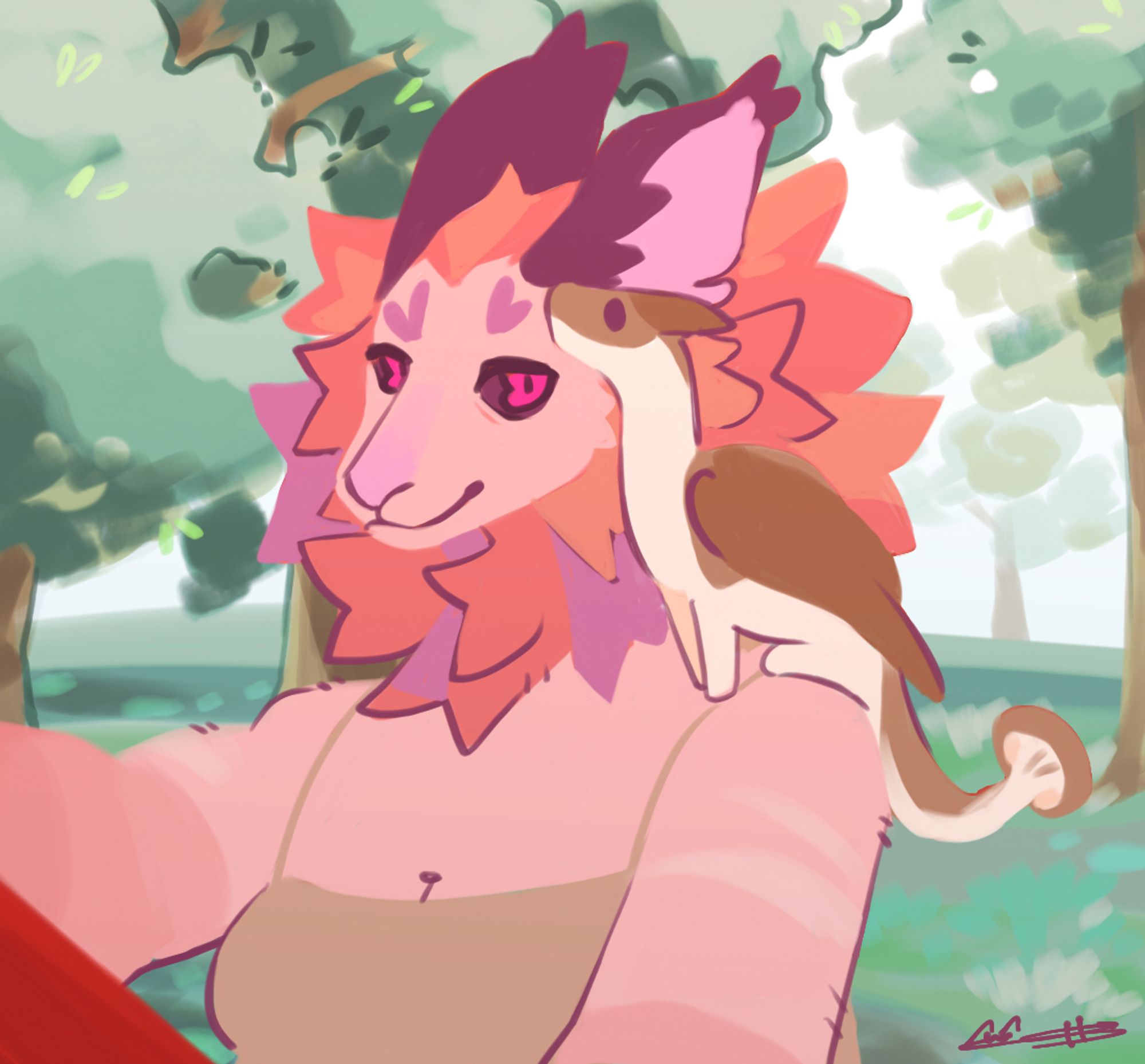 a digital bust drawing of squish sona (a pink and purple anthro character of indeterminate species) building with mangrove wood in minecraft, a small cat sized mushroom dragon on its shoulder.