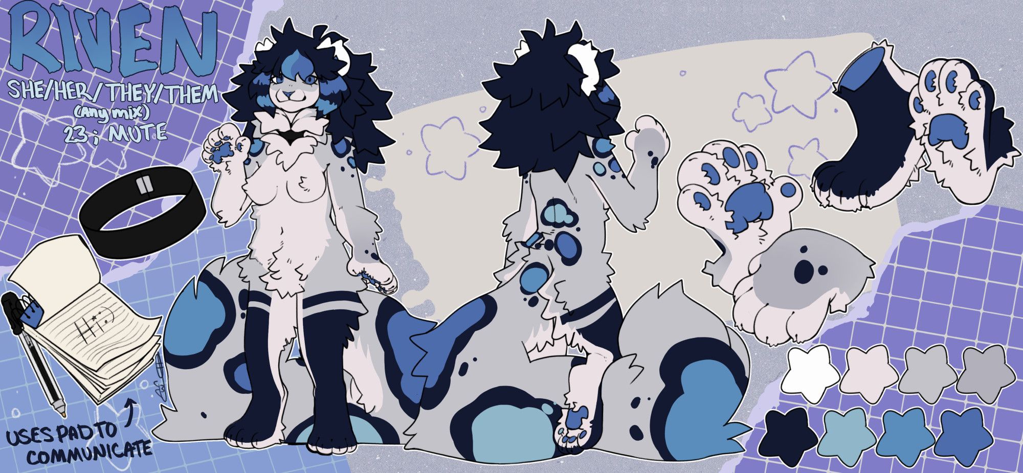 a character reference sheet of a snow leopard girl with big fluffy hair and lots of body fluff. the reference shows a front and a back sfw nude version of the character, front and back paw details, a choker, and a small notebook that has "hi :)" written in it. 
The text by the top reads : 
Riven
She/her/they/them (any mix)
23; mute
[end of text]
There is an arrow pointing to the notebook that says "uses pad to communicate"