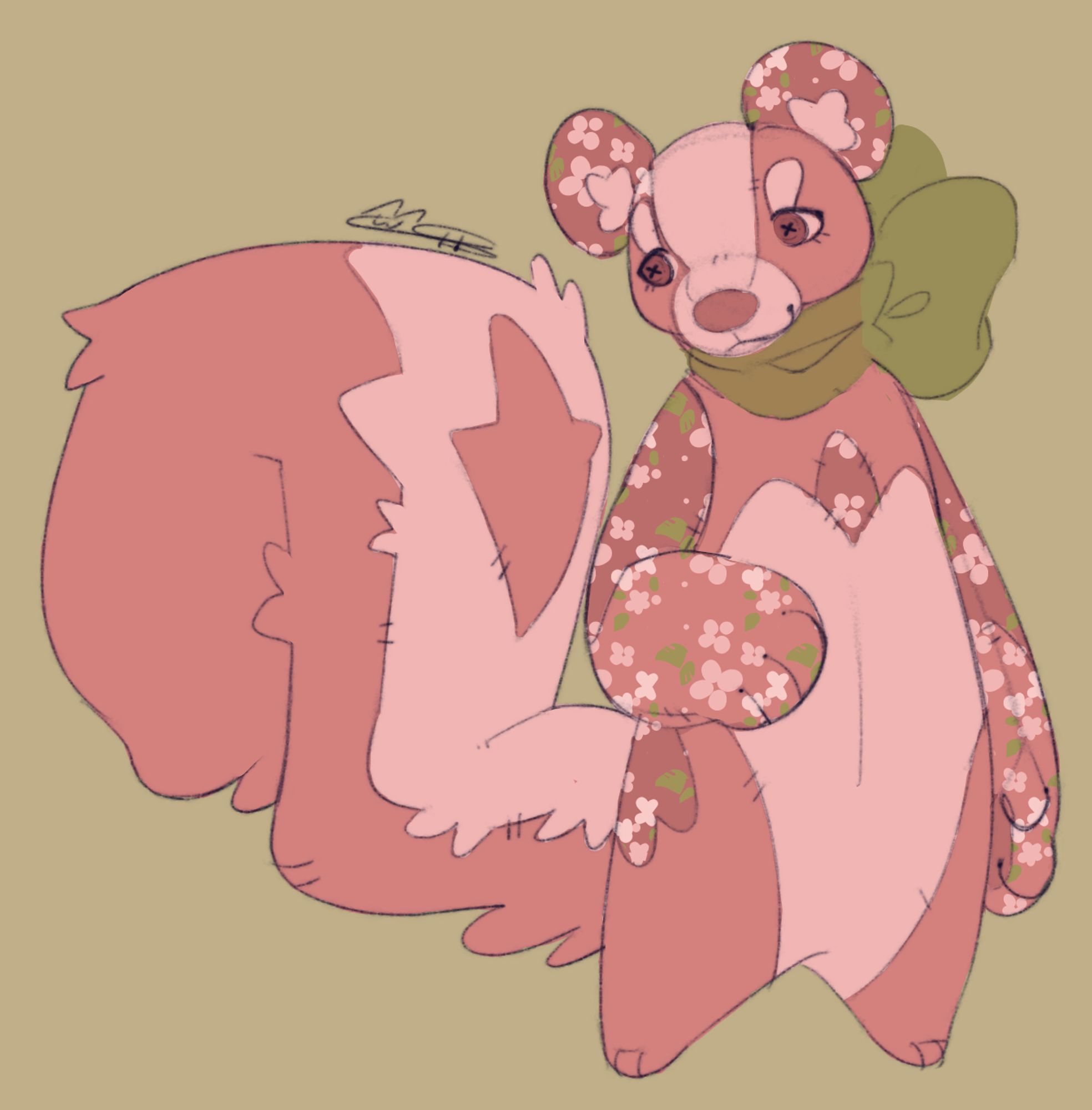 a pink plush skunk, where some of the fabric is floral patterned. They are wearing a green bow around their neck