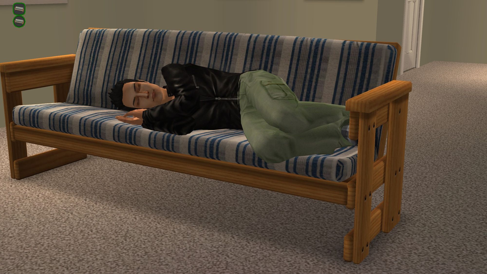 Claude taking a nap on the couch after rough day at work in Criminal career.