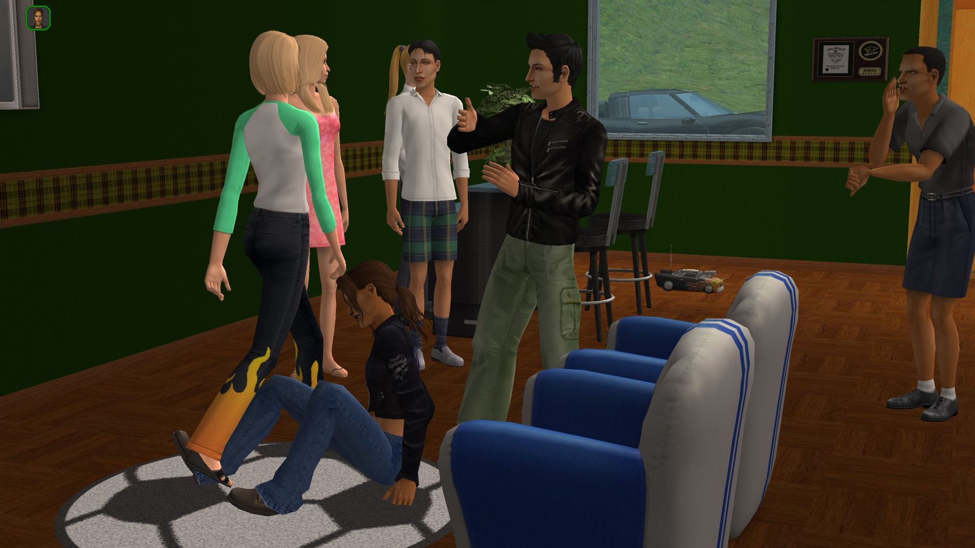 Claude kicking Catalina after they fought. Other sims ignoring the fight except one in the corner who's booing at Catalina.